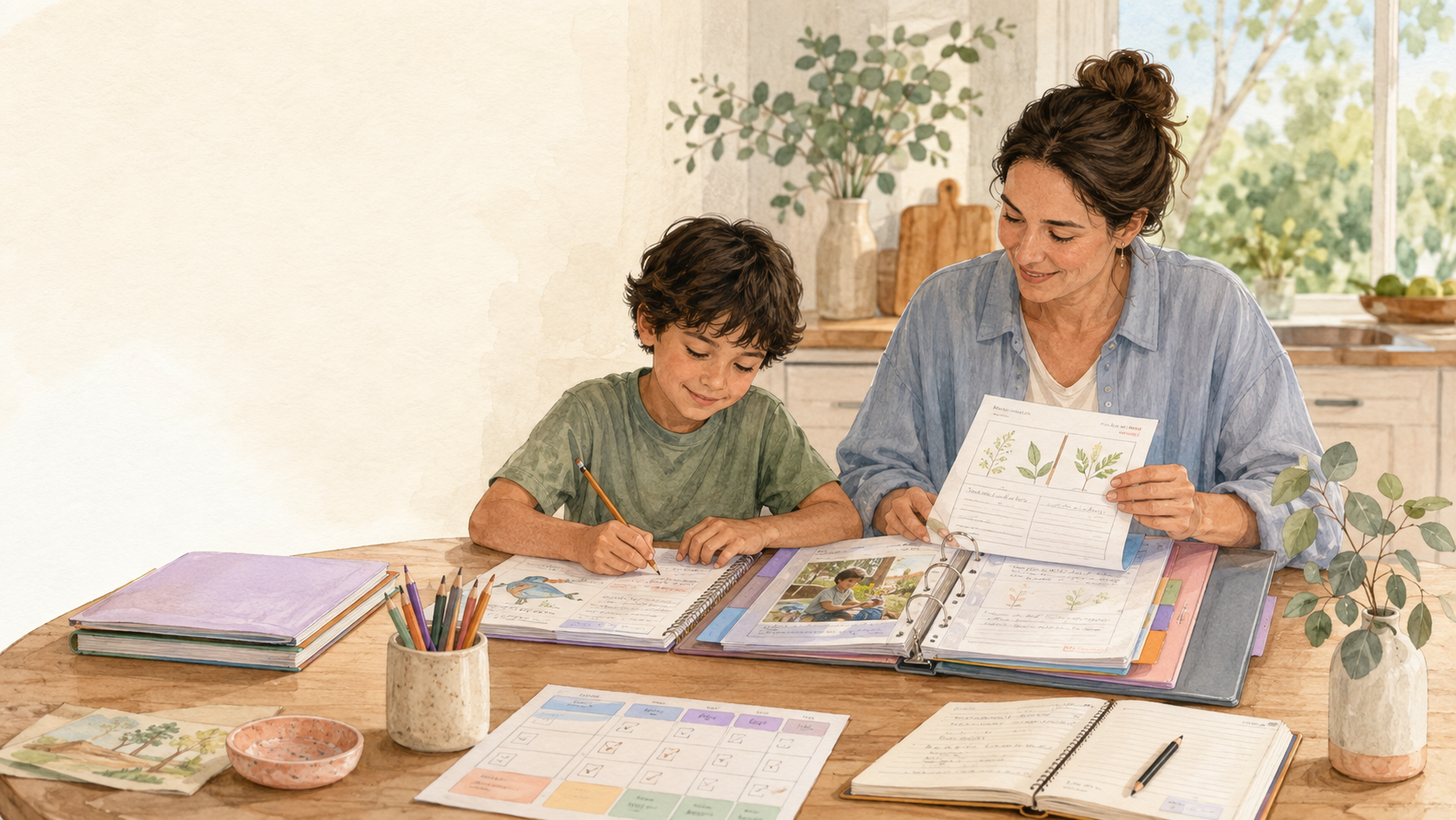 Parent organising completed worksheets and home education records with a primary-aged child in Australia