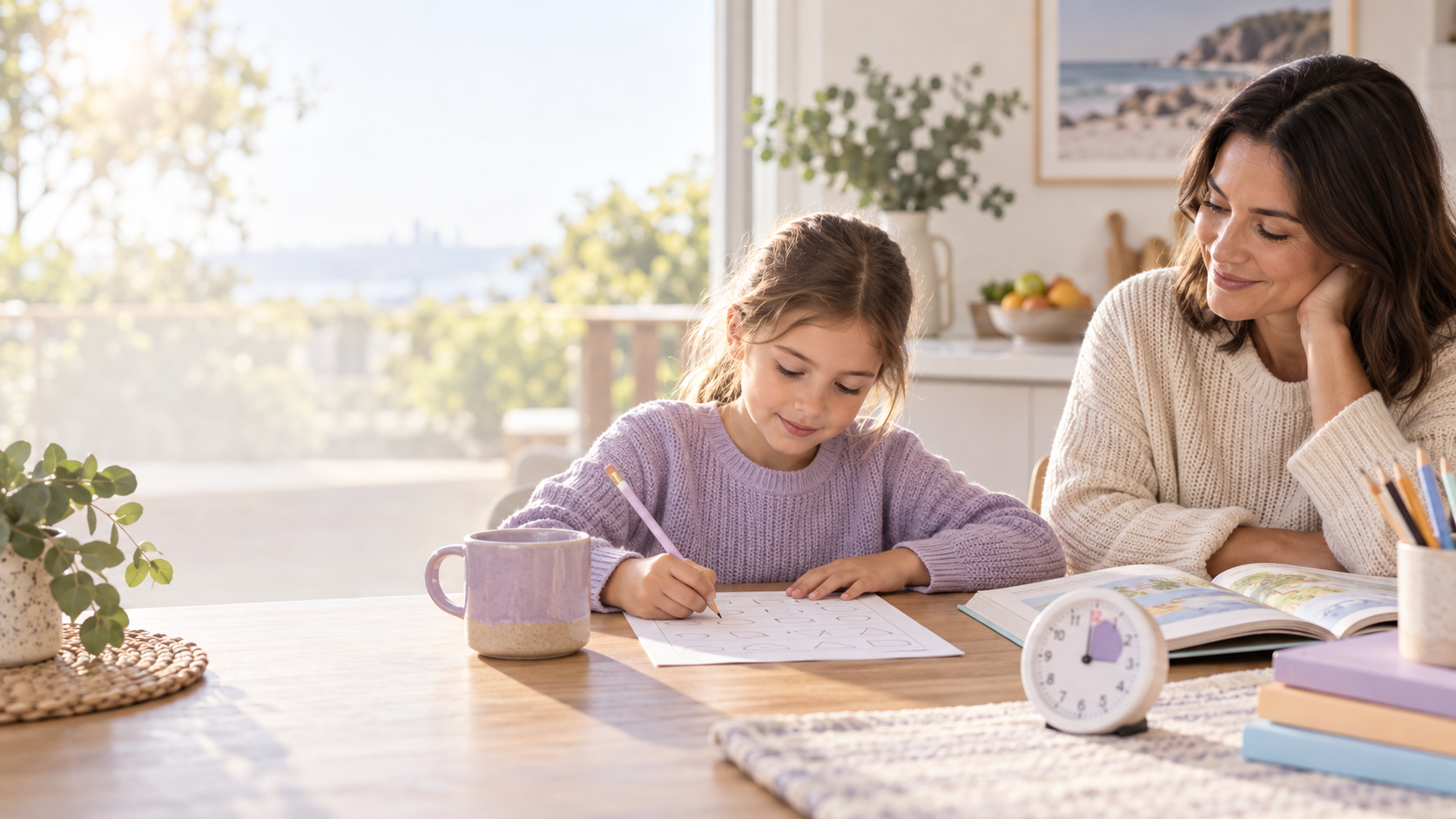 Parent calmly supporting a primary-aged child completing a short worksheet practice session at home