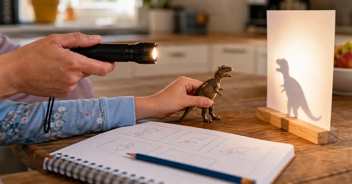 Parent and child using a torch and toy for a shadow science experiment at home