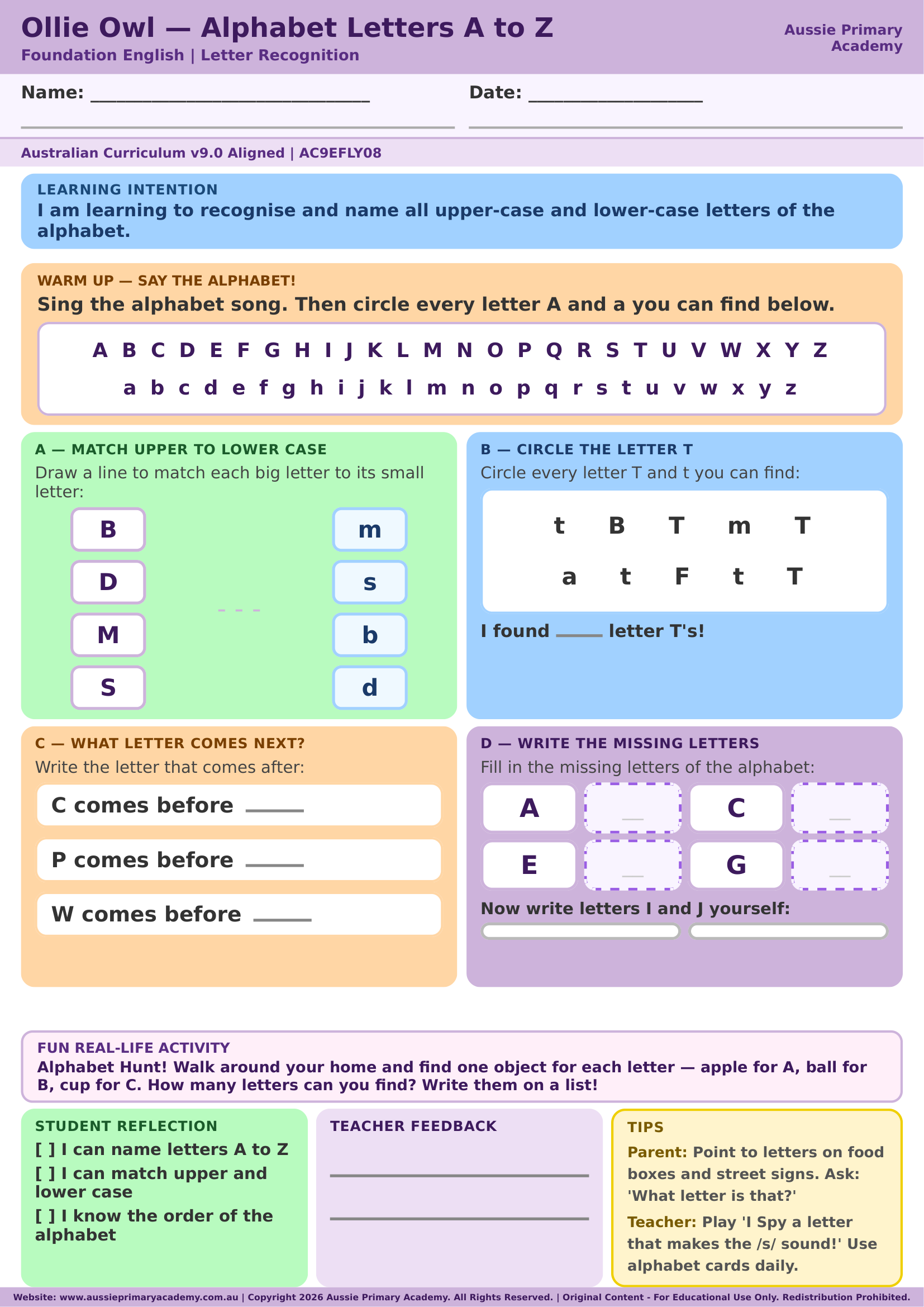 Foundation alphabet Letter A to Z worksheet preview