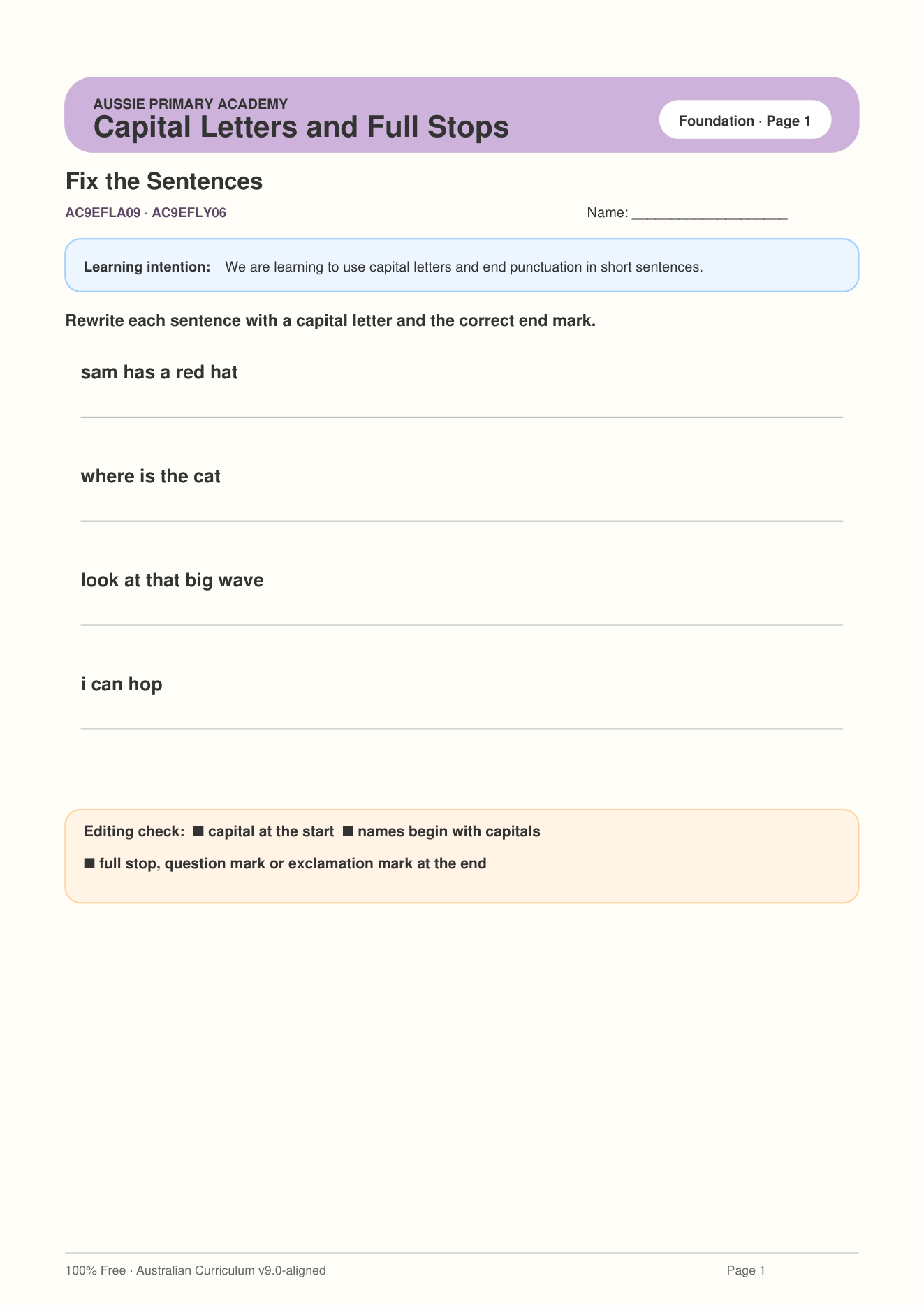 Foundation English Capitals Punctuation Editing Ac9Efla09 worksheet preview