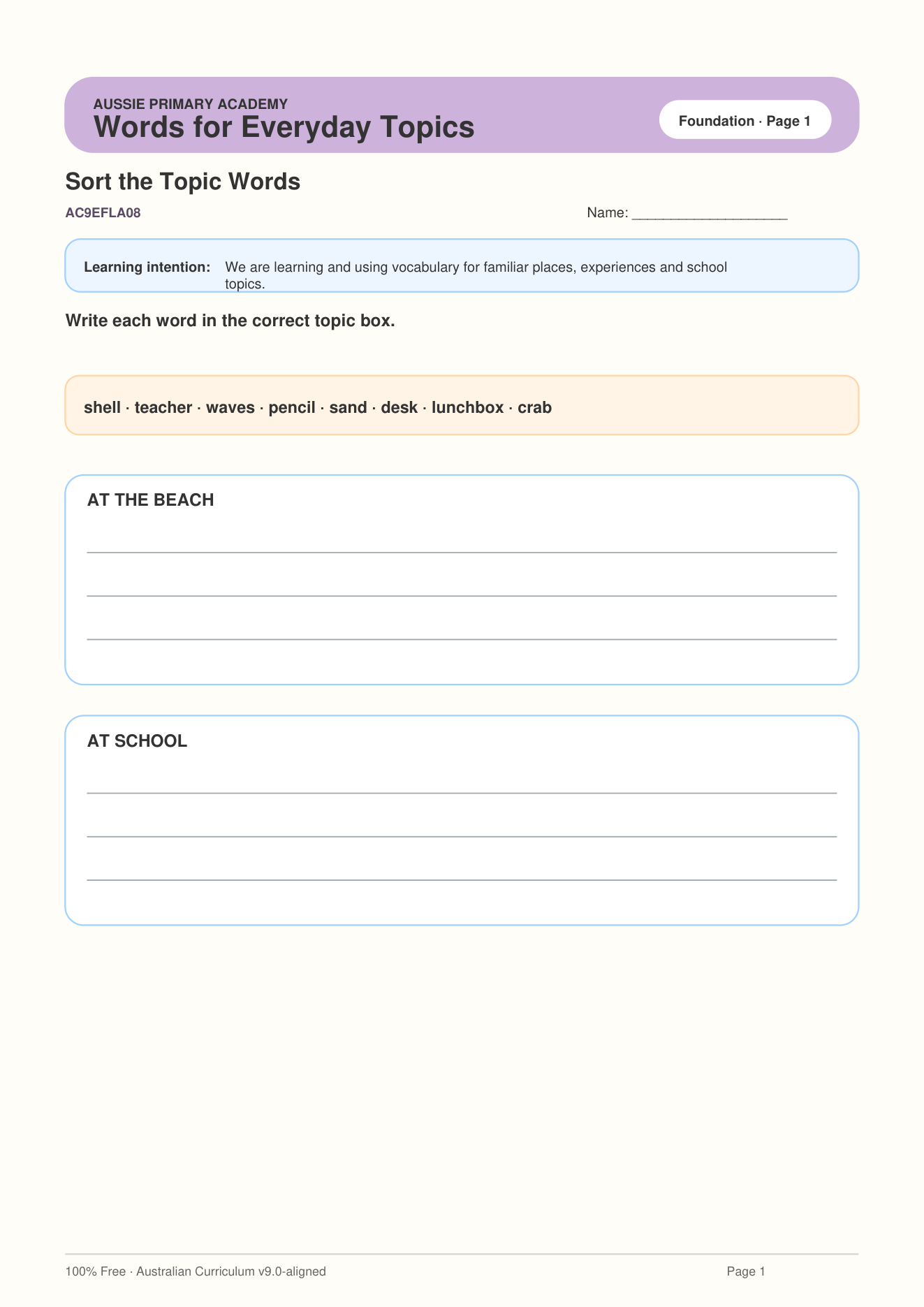 Foundation English Everyday Vocabulary worksheet preview