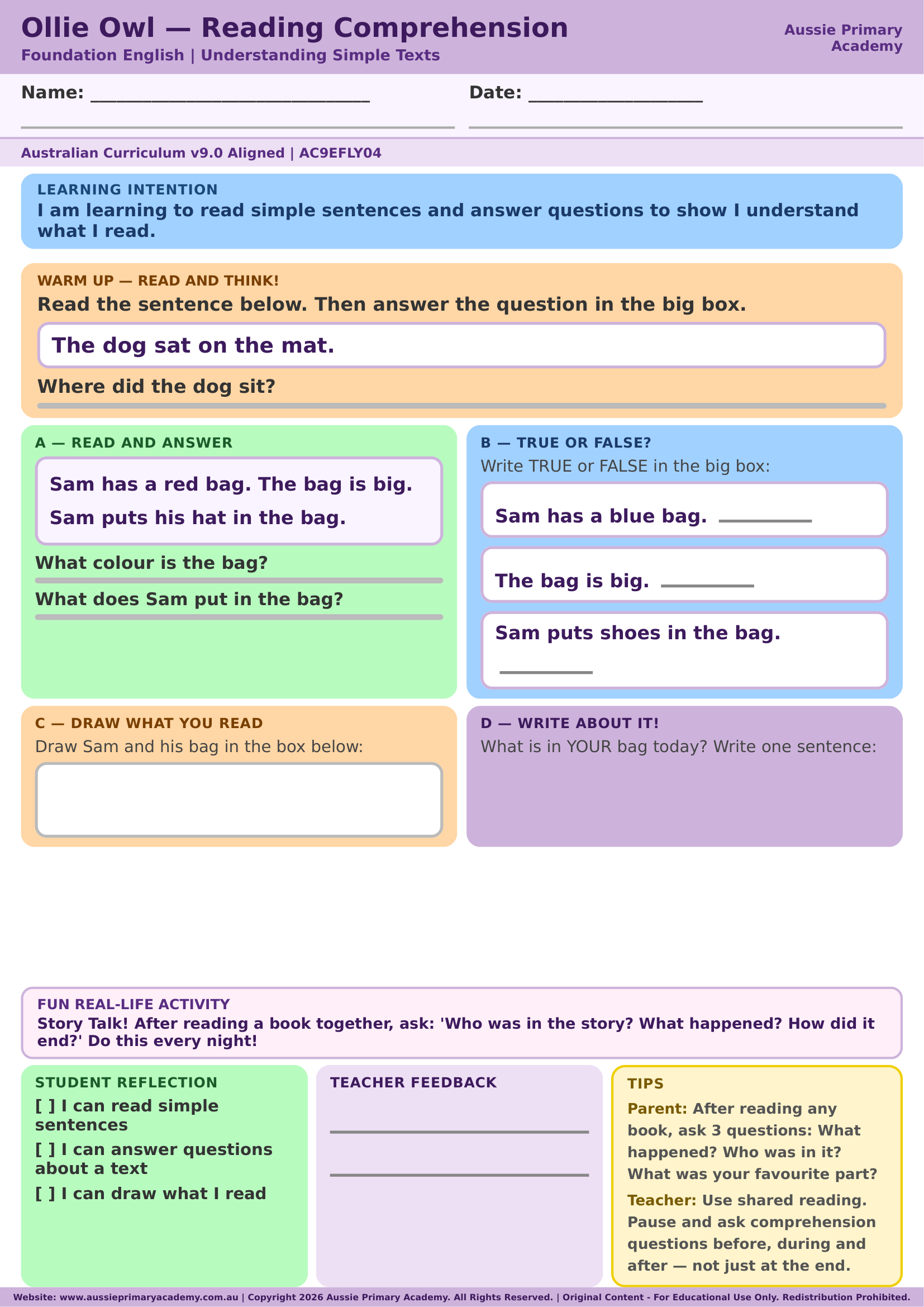 Reading Comprehension: Simple Sentences Preview