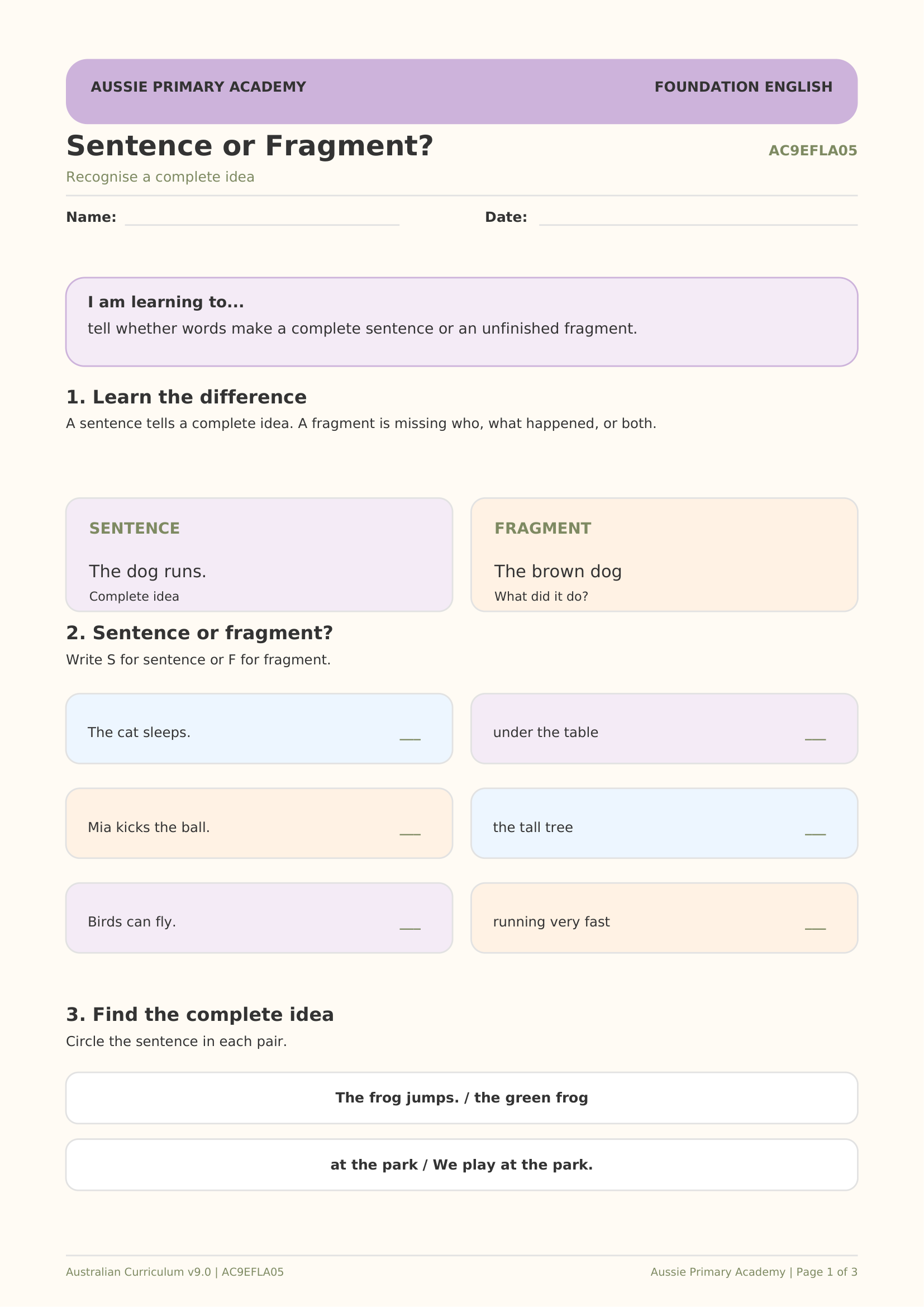 Foundation English Sentence or Fragment worksheet preview