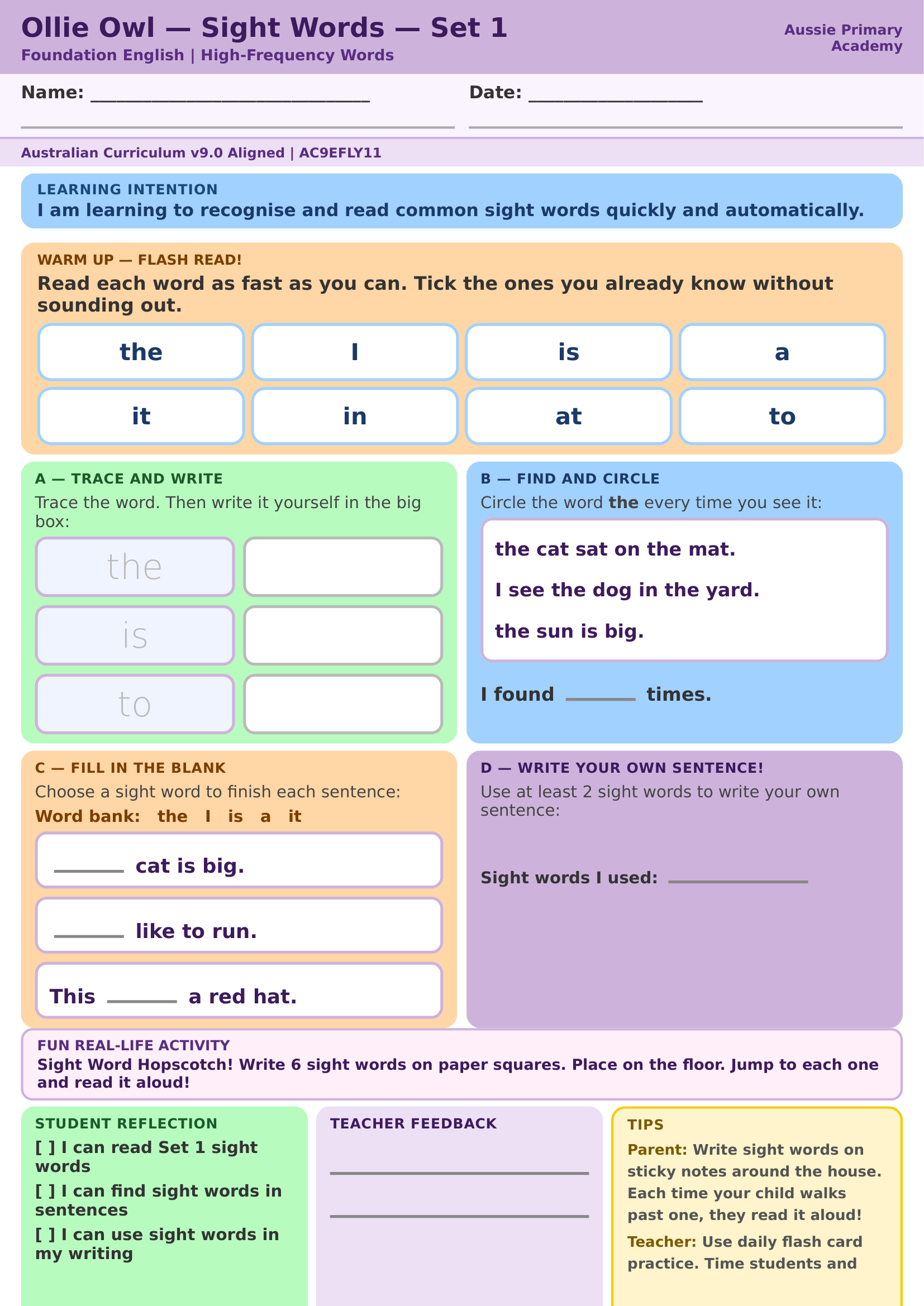 Foundation English Sight Words Set 1 Ac9Efly11 Colour worksheet preview
