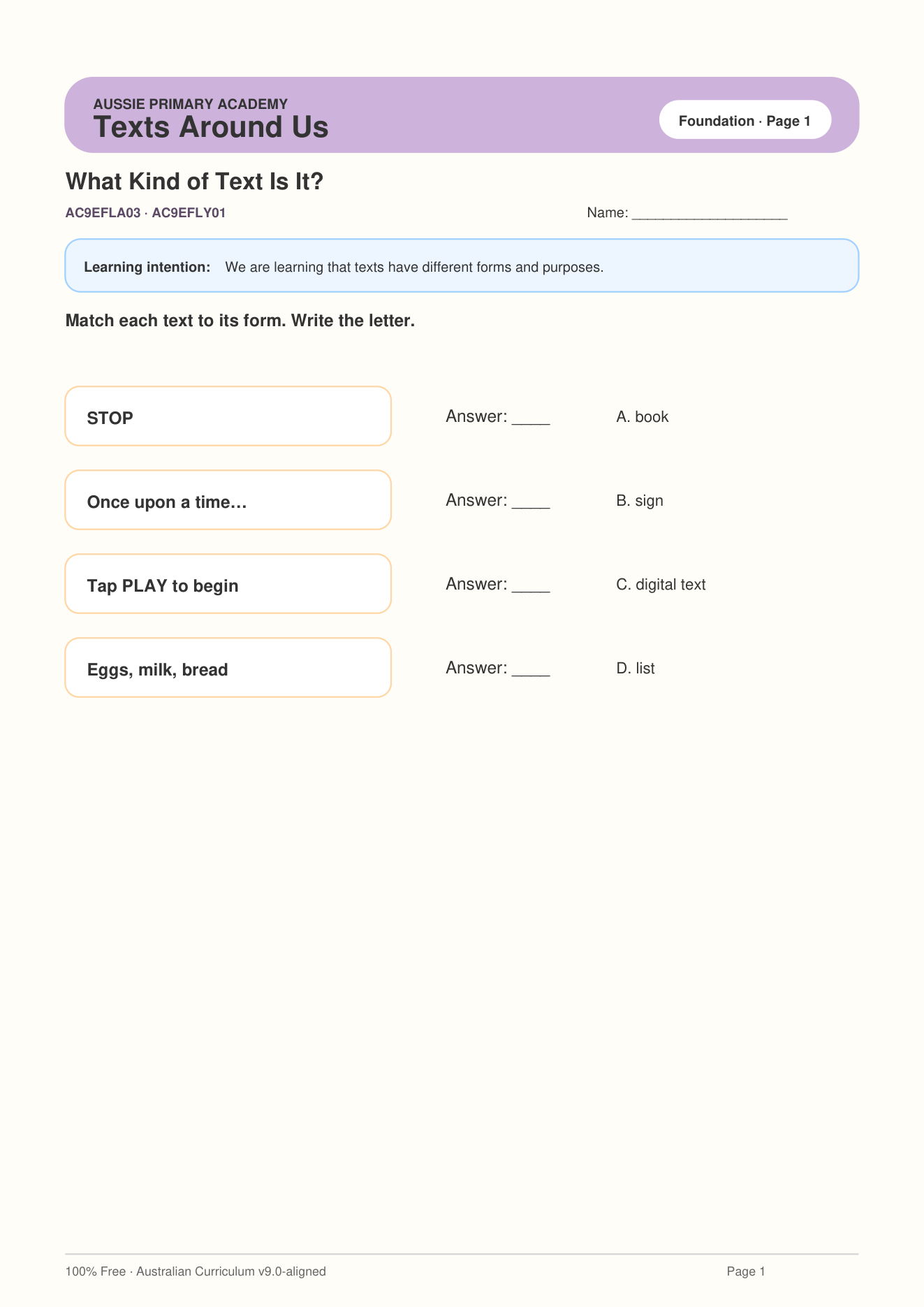 Foundation English Text Forms And Purposes Ac9Efla03 worksheet preview