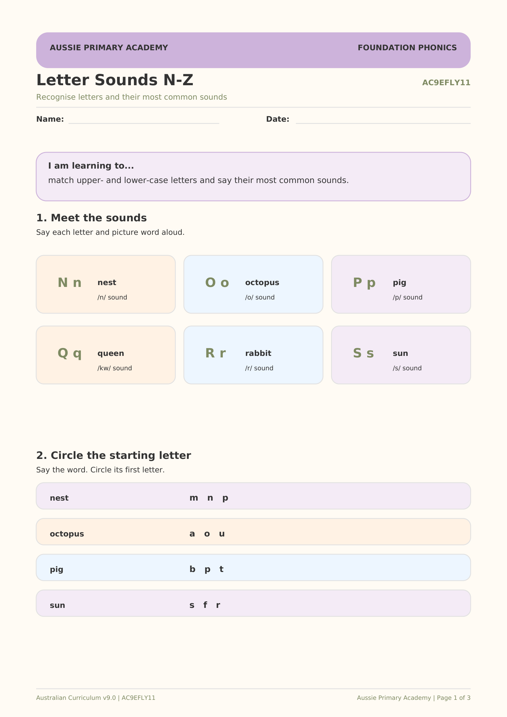 Foundation Phonics Letter Sounds N–Z worksheet preview