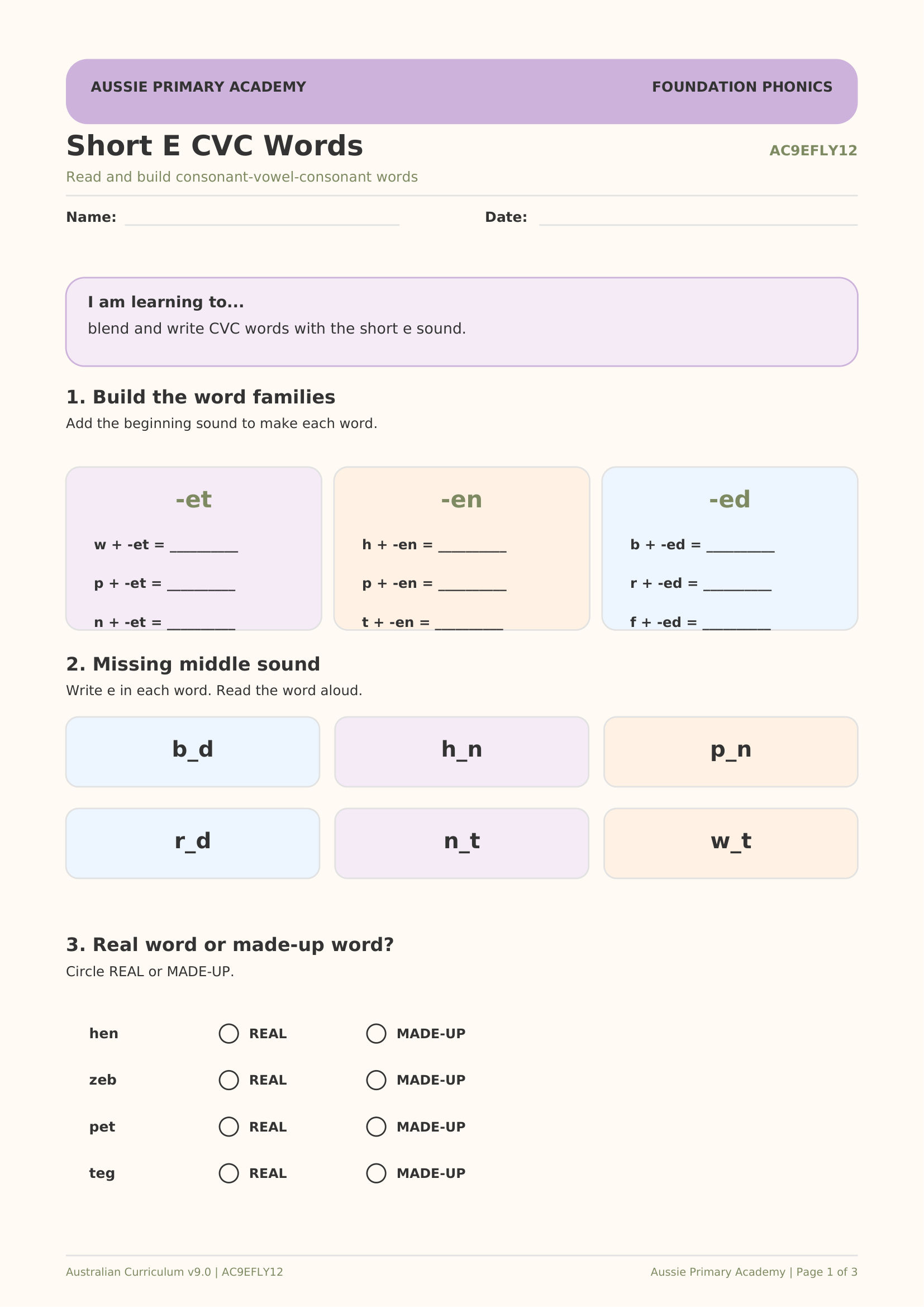 Foundation Phonics Short e CVC Words worksheet preview