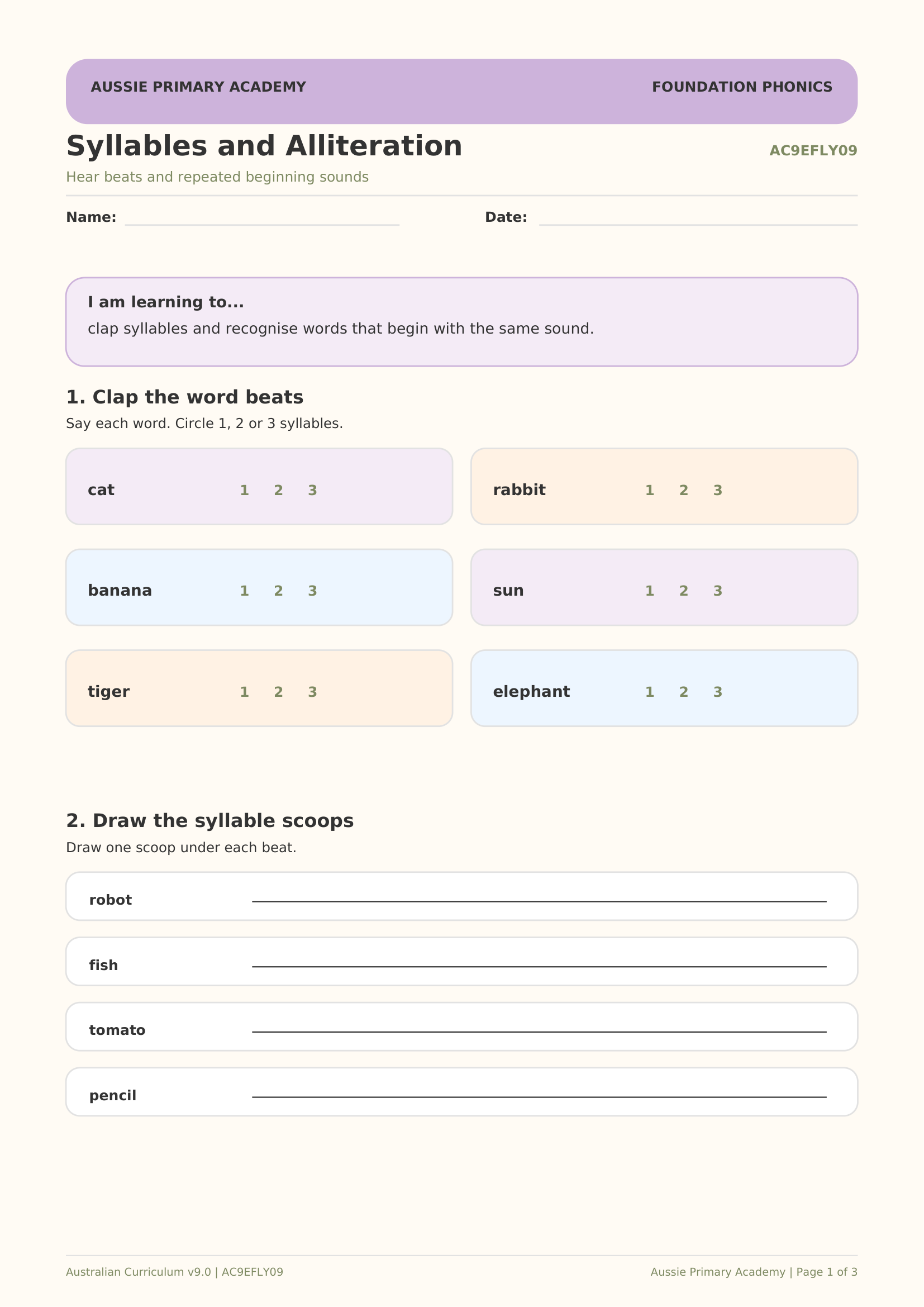 Foundation Phonics Syllables and Alliteration worksheet preview