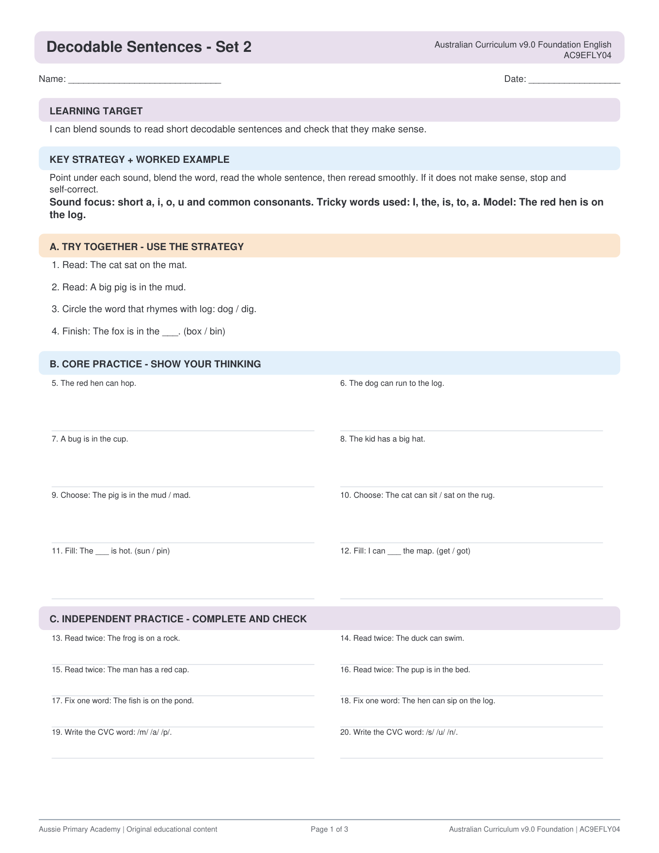 Foundation Reading Decodable Sentences Set 2 worksheet preview