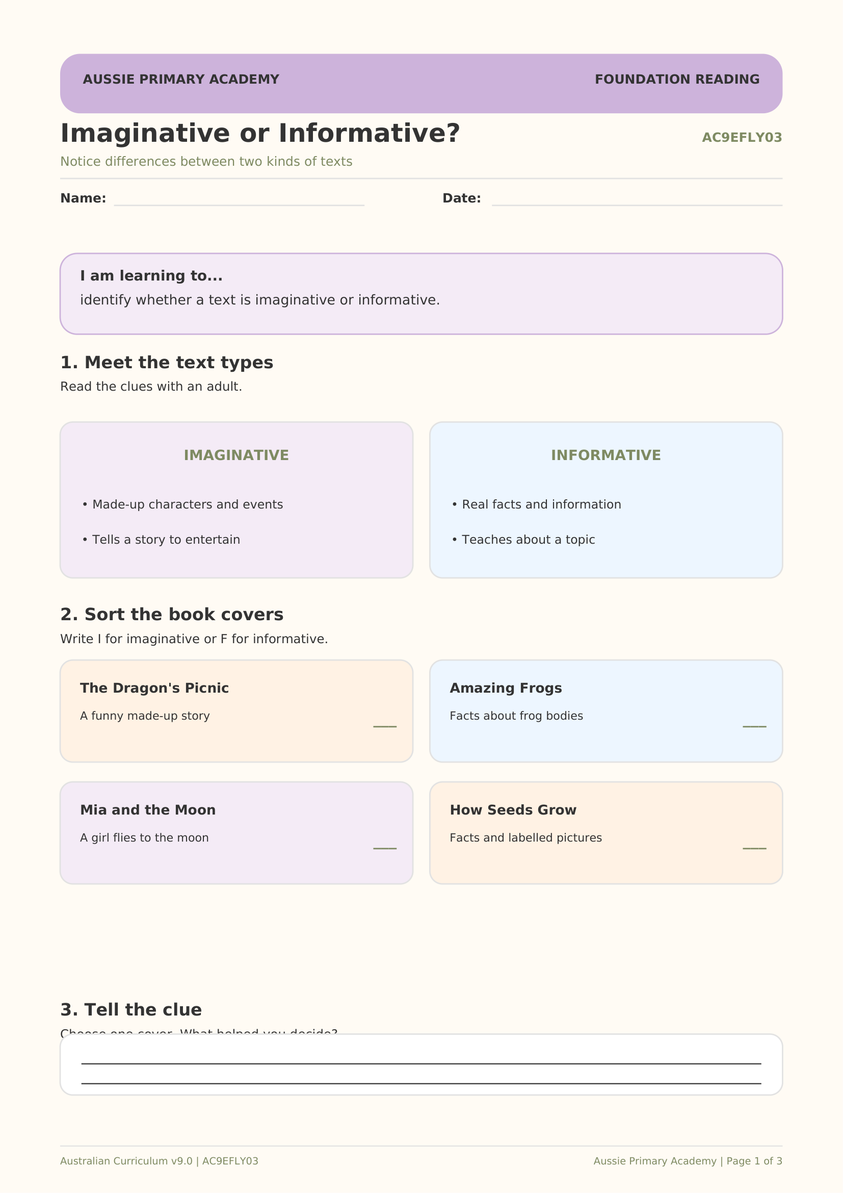 Foundation Reading Imaginative and Informative Texts worksheet preview