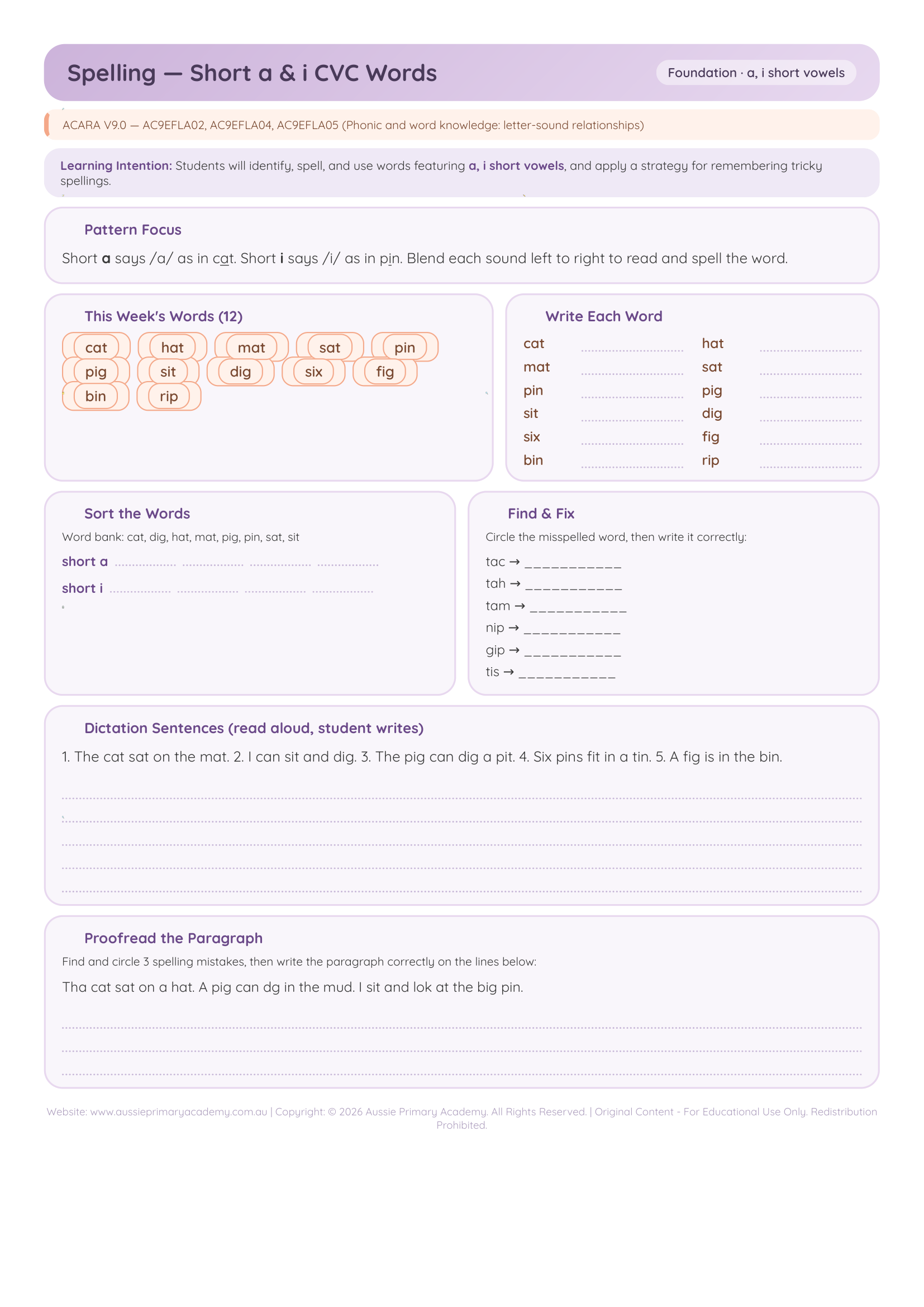 Foundation Spelling Short A & I CVC Words Worksheet Preview