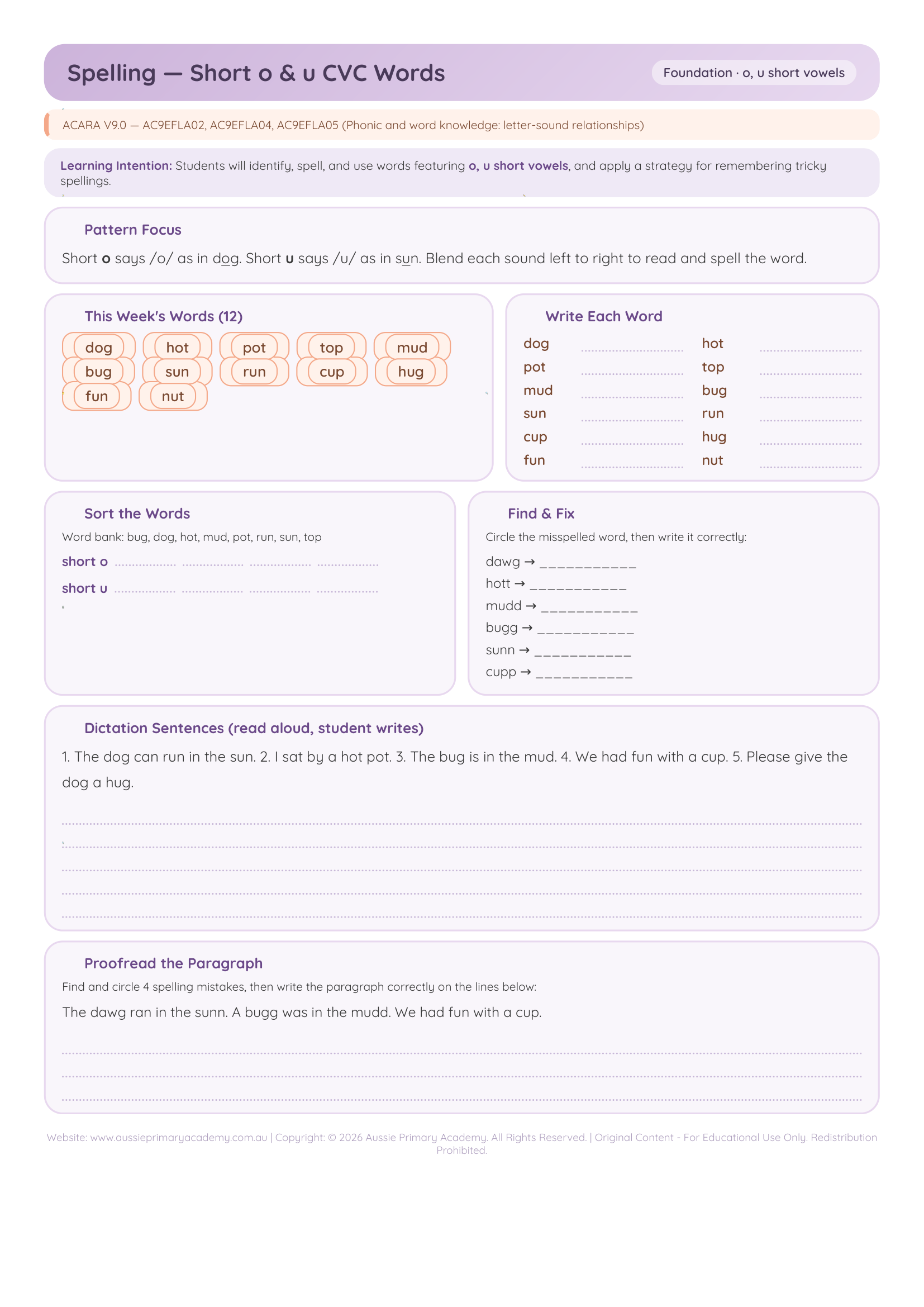 Foundation Short O and U CVC Words Preview