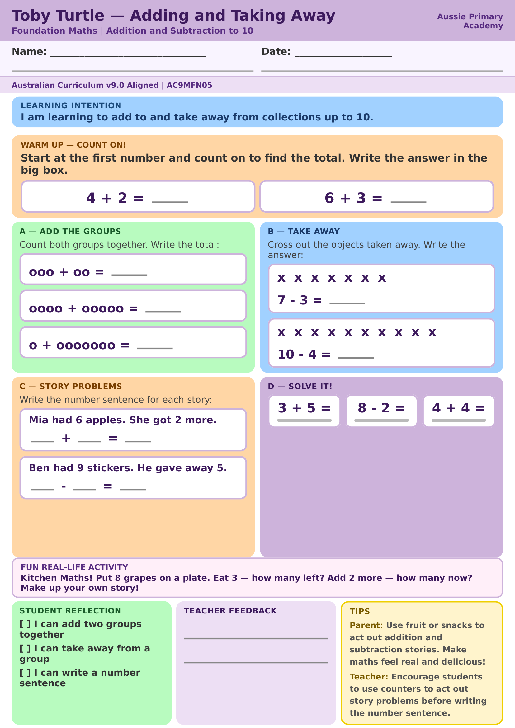 Foundation Maths Adding And Taking Away To 10 Ac9Mfn05 Colour worksheet preview