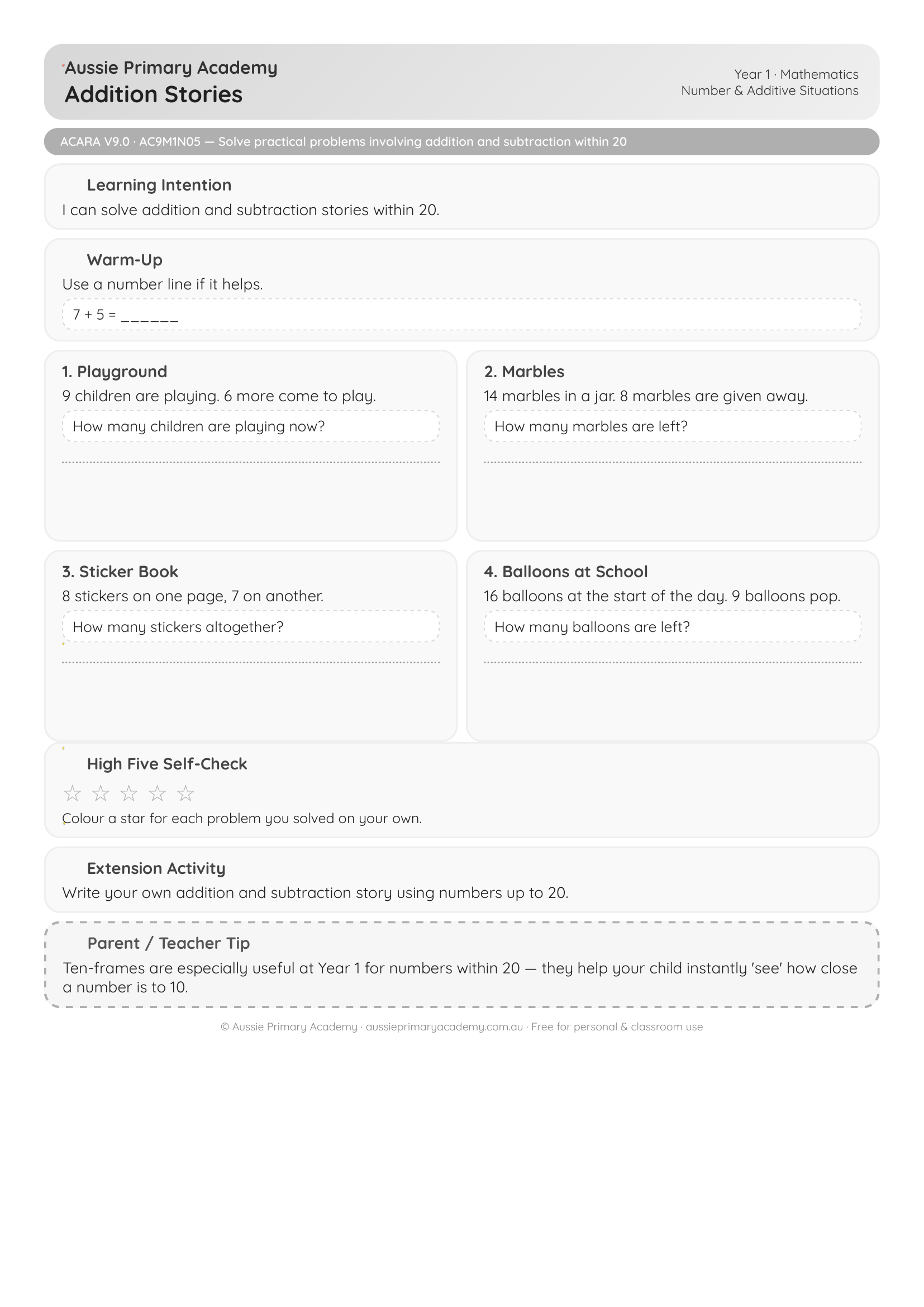 Foundation Maths Addition Stories Word Problems worksheet preview
