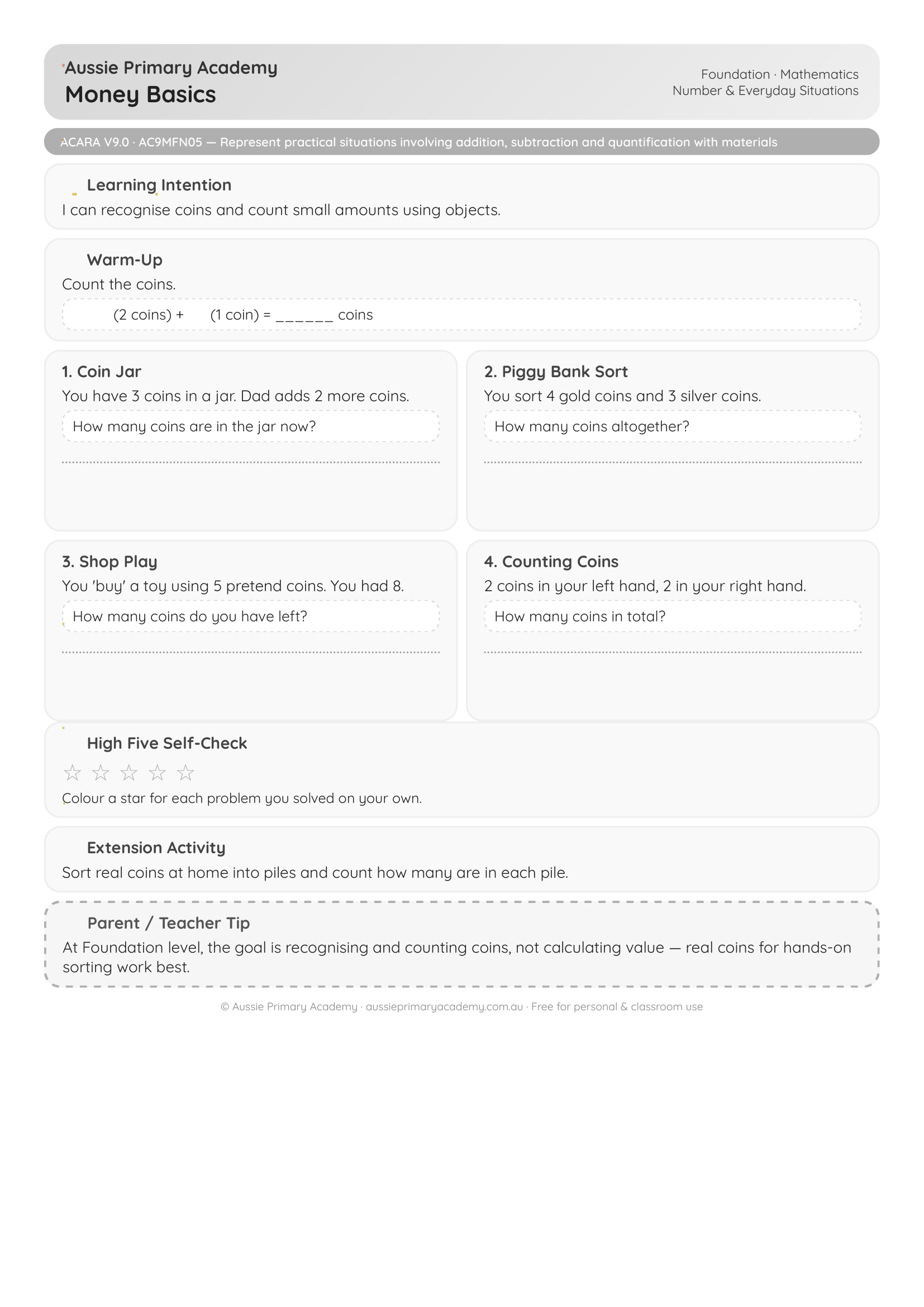 Foundation Maths Money Basics worksheet preview