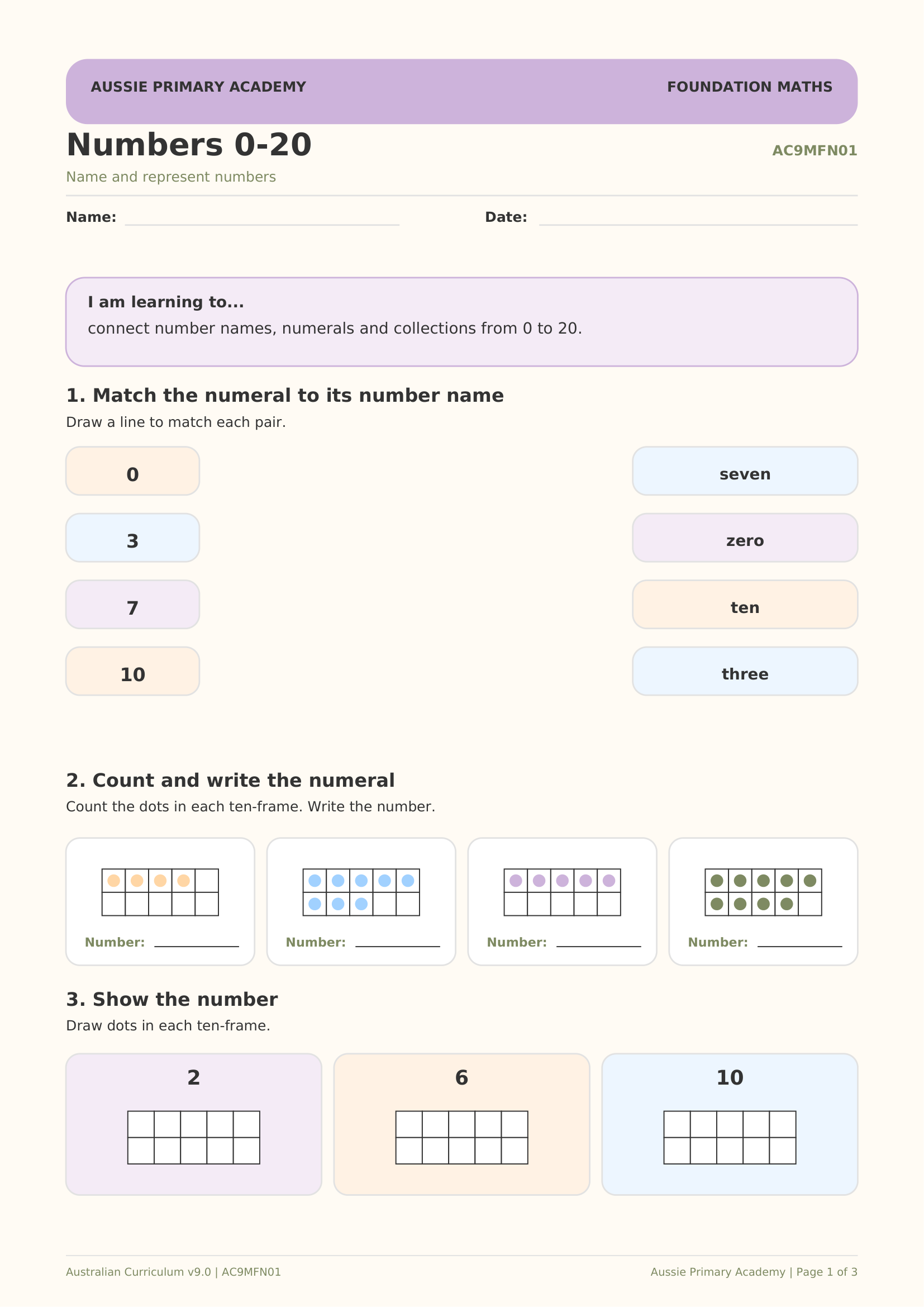 Foundation Maths Numbers 0 20 Name Represent Order worksheet preview
