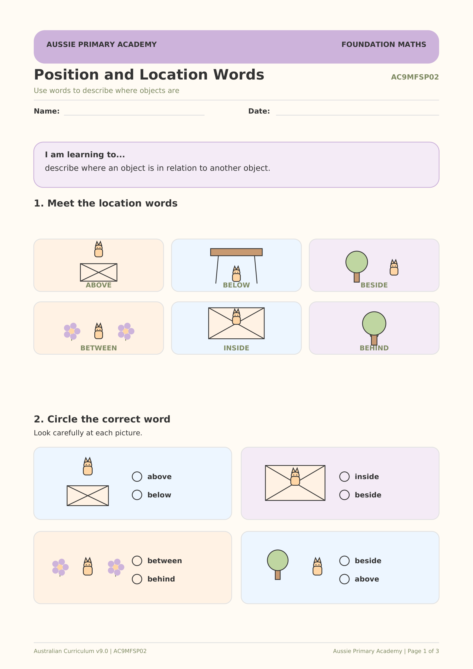 Foundation Maths Position and Location Words worksheet preview