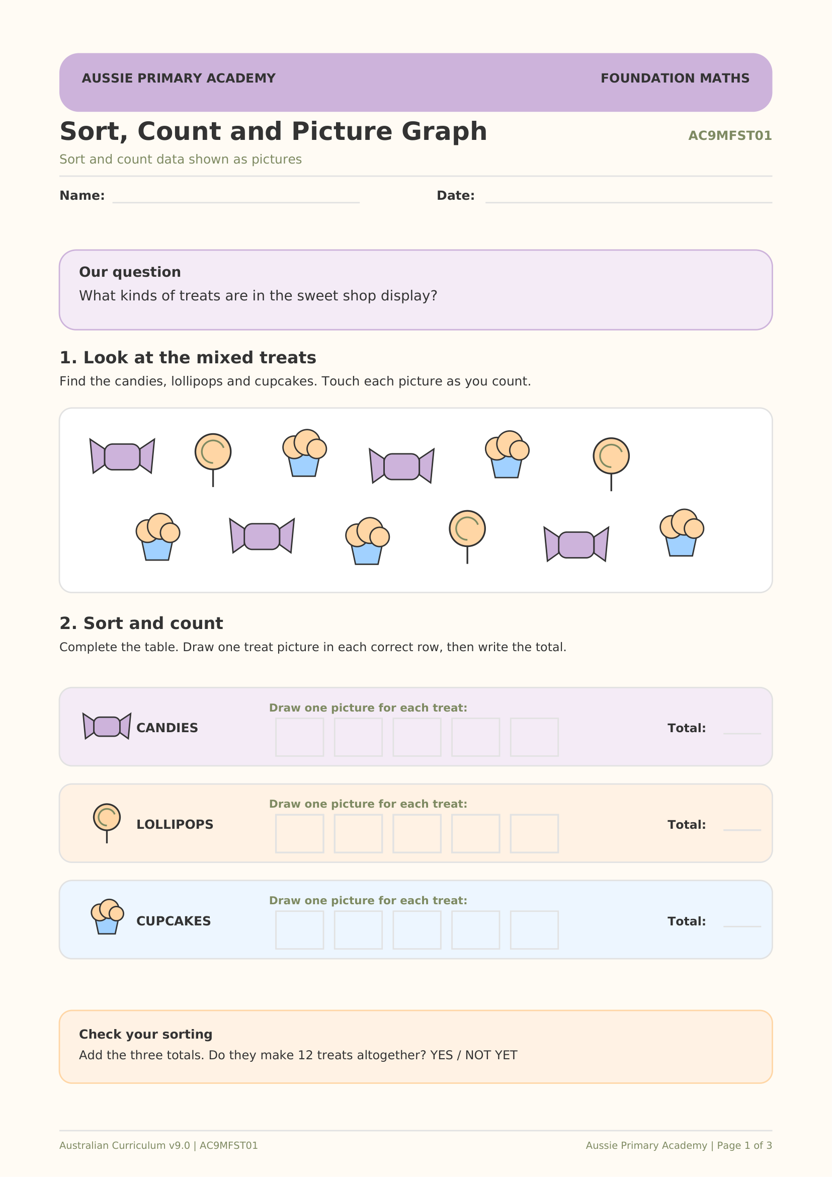 Foundation Maths Sort Count and Picture Graph worksheet preview