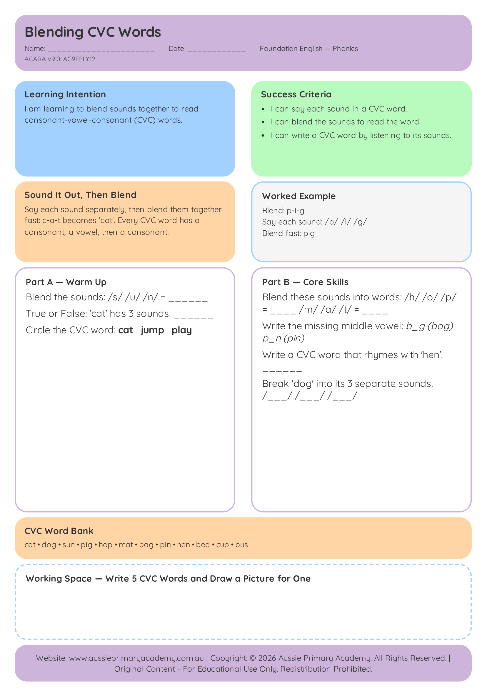 Foundation Phonics Blending Cvc Words Ac9Efly12 Colour worksheet preview