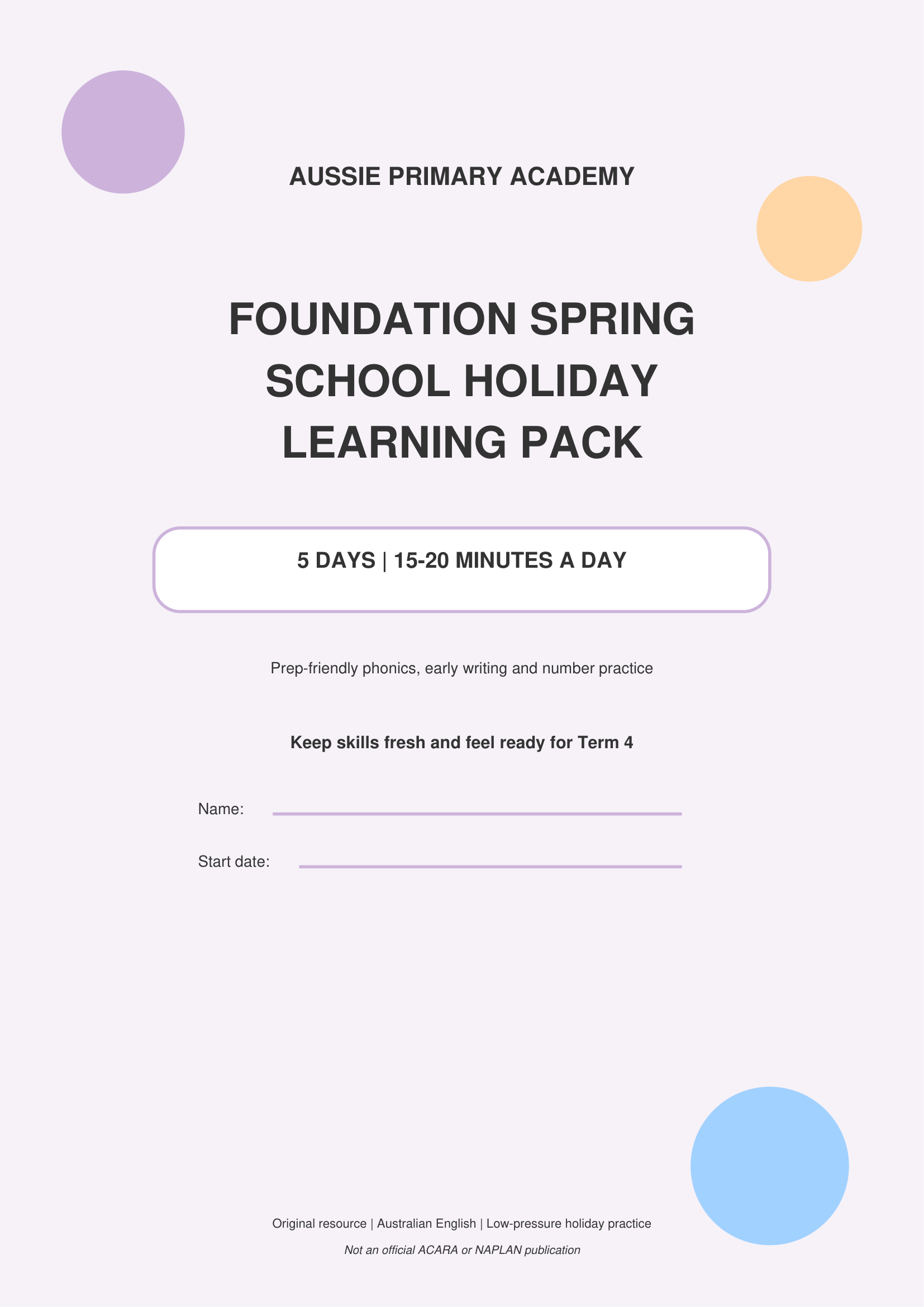 Foundation Spring School Holiday Learning Pack worksheet preview