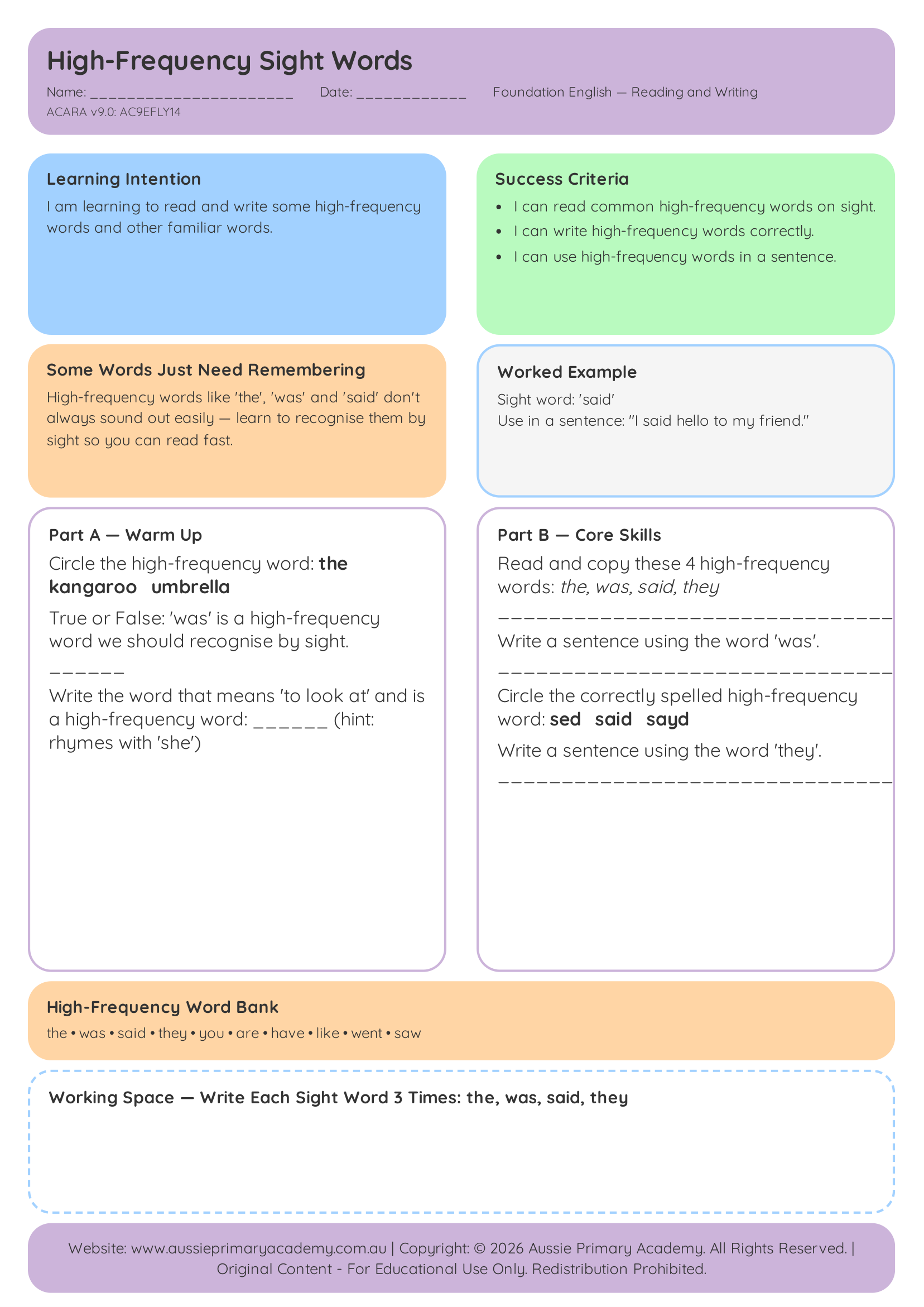 High-Frequency Sight Words Preview
