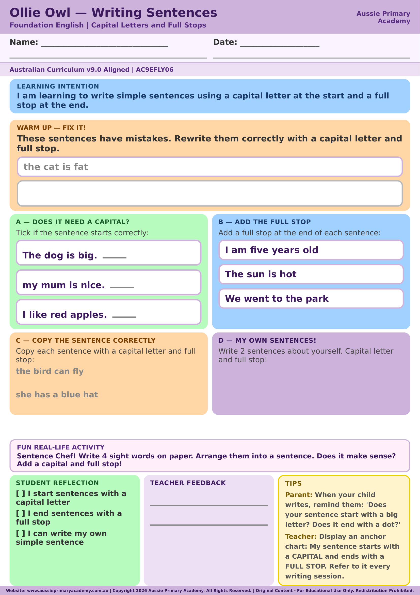 Foundation English Sentence Writing Capital Letters Full Stops Ac9Efly06 Colour worksheet preview