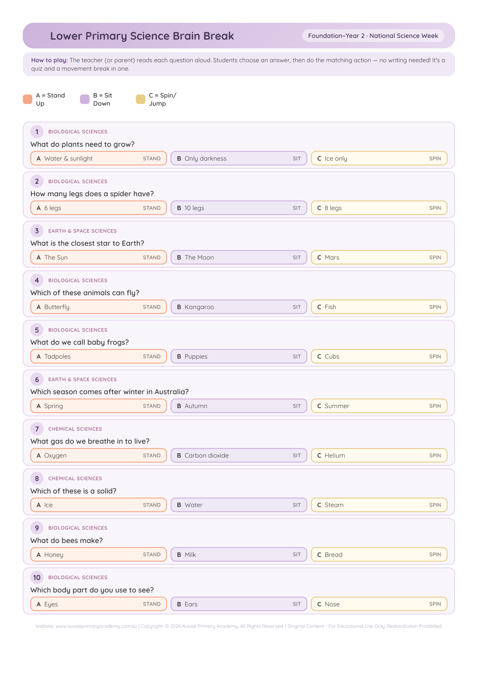Brain Break Quiz Foundation Year6 worksheet preview