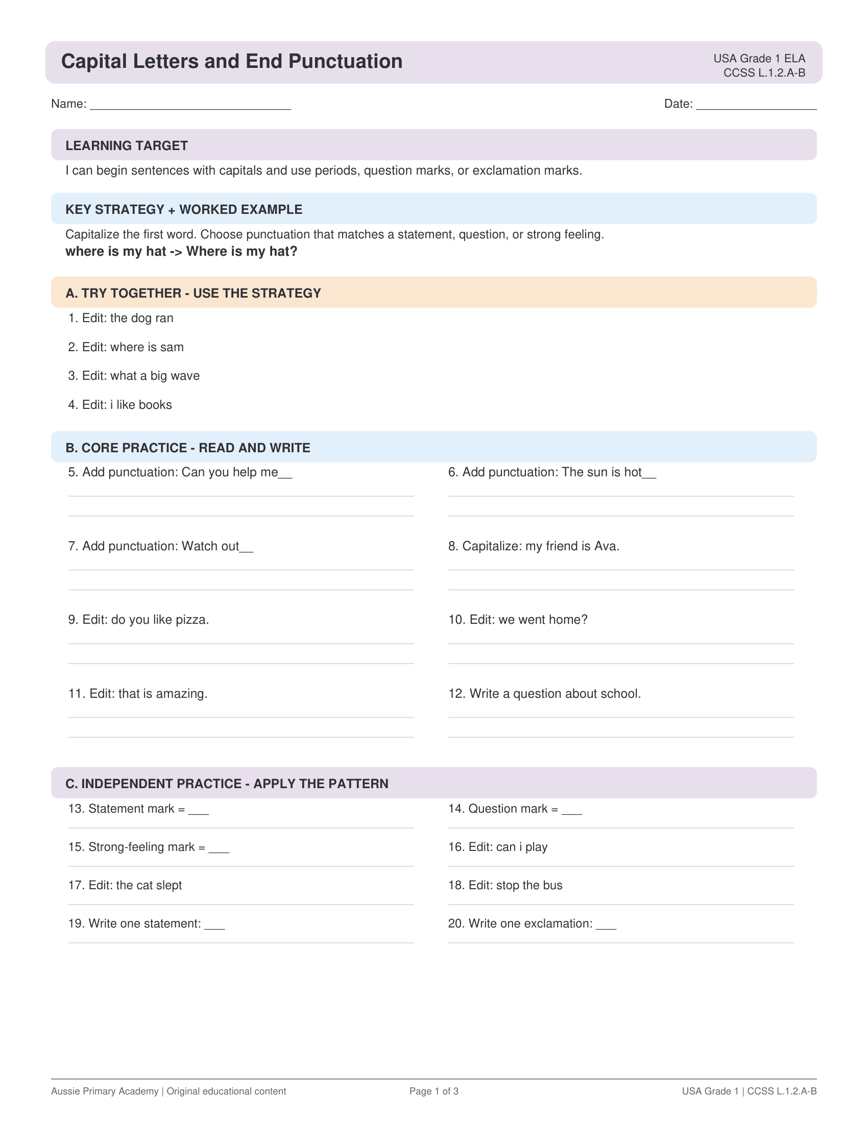 Grade 1 Capitalization and End Punctuation preview
