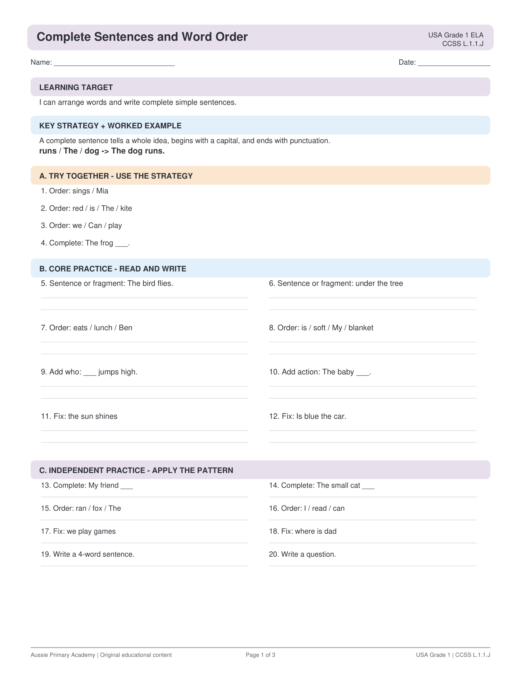 Grade 1 Complete Sentences and Word Order preview