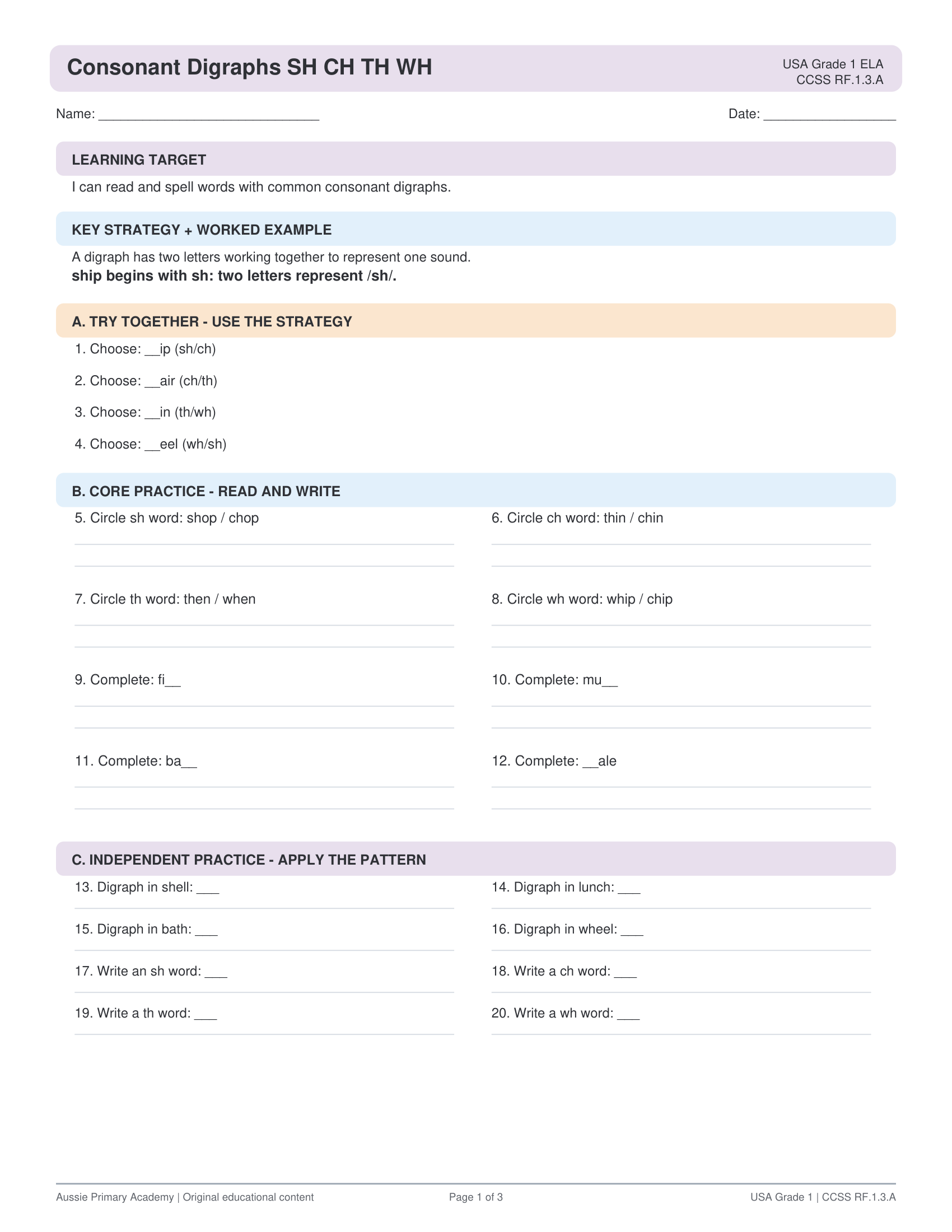 Grade 1 Consonant Digraphs SH CH TH WH preview