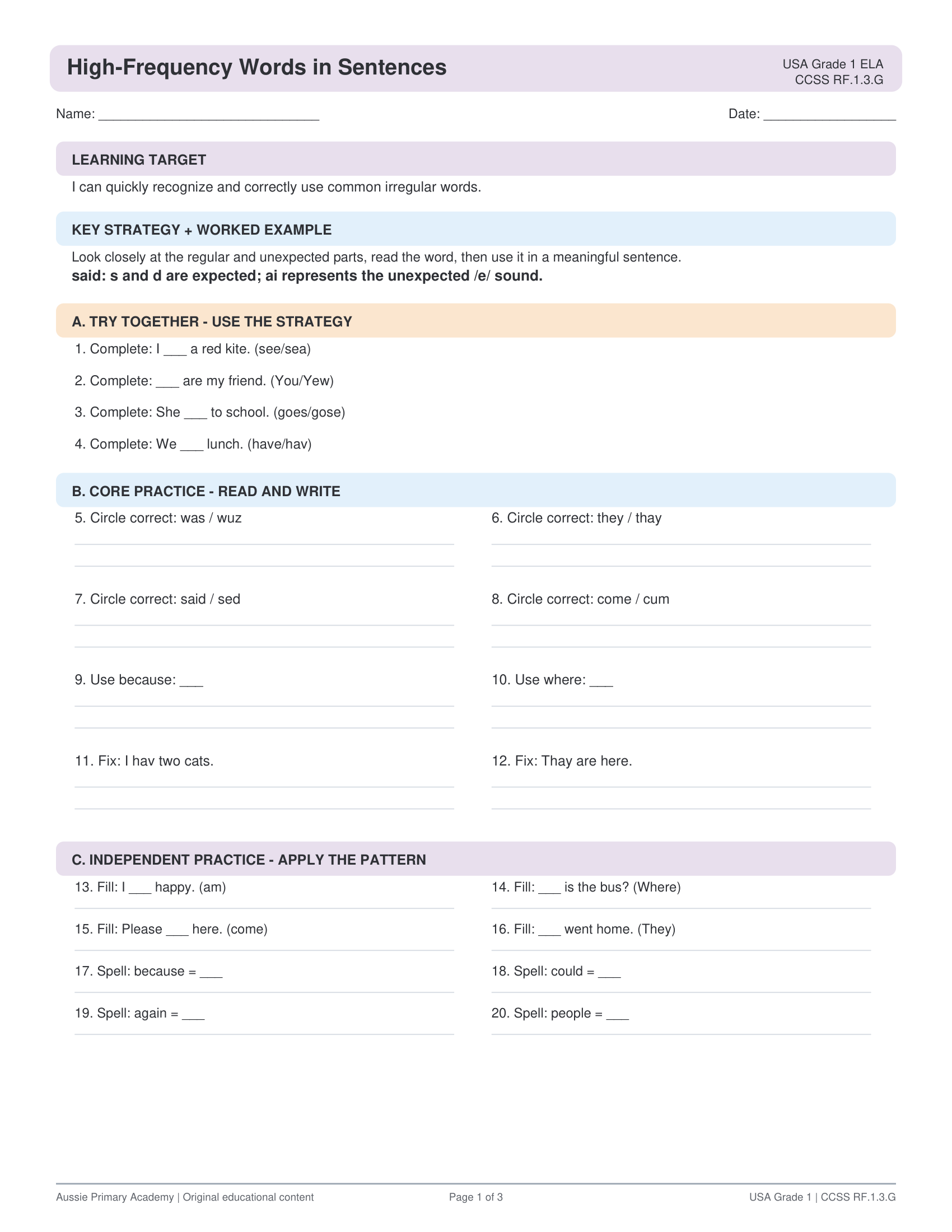 Grade 1 High-Frequency Sight Words preview