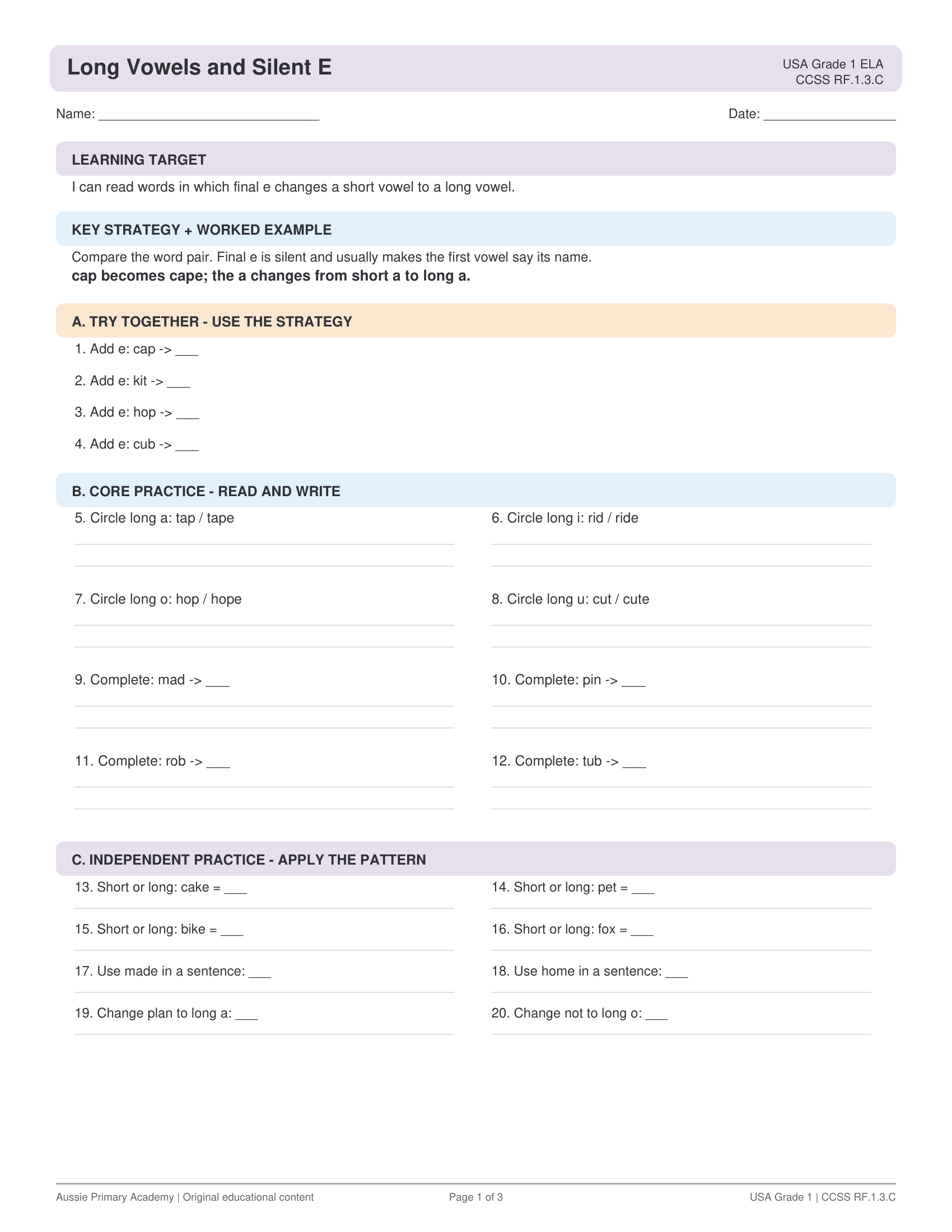 Long Vowels Silent E worksheet preview