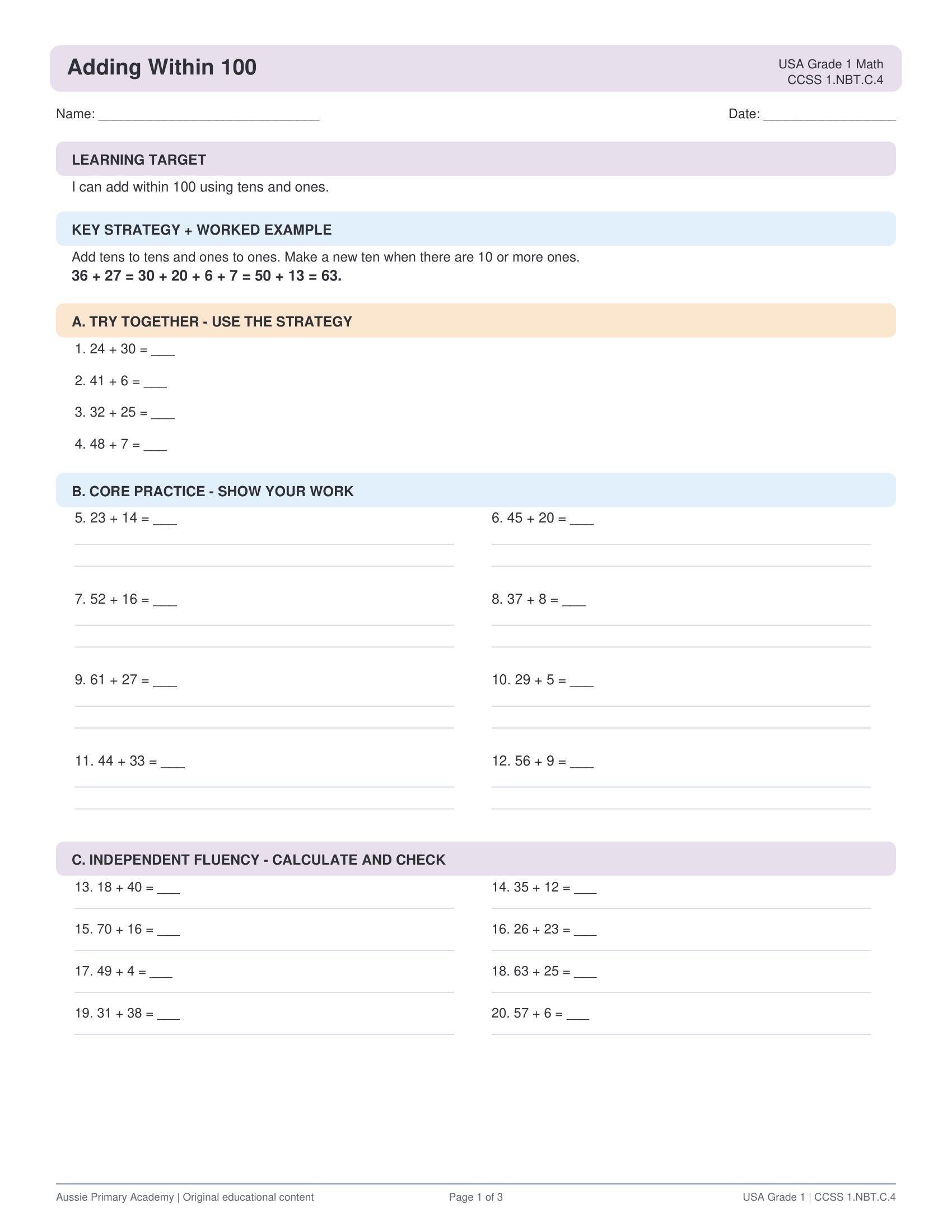 Adding Within 100 worksheet preview