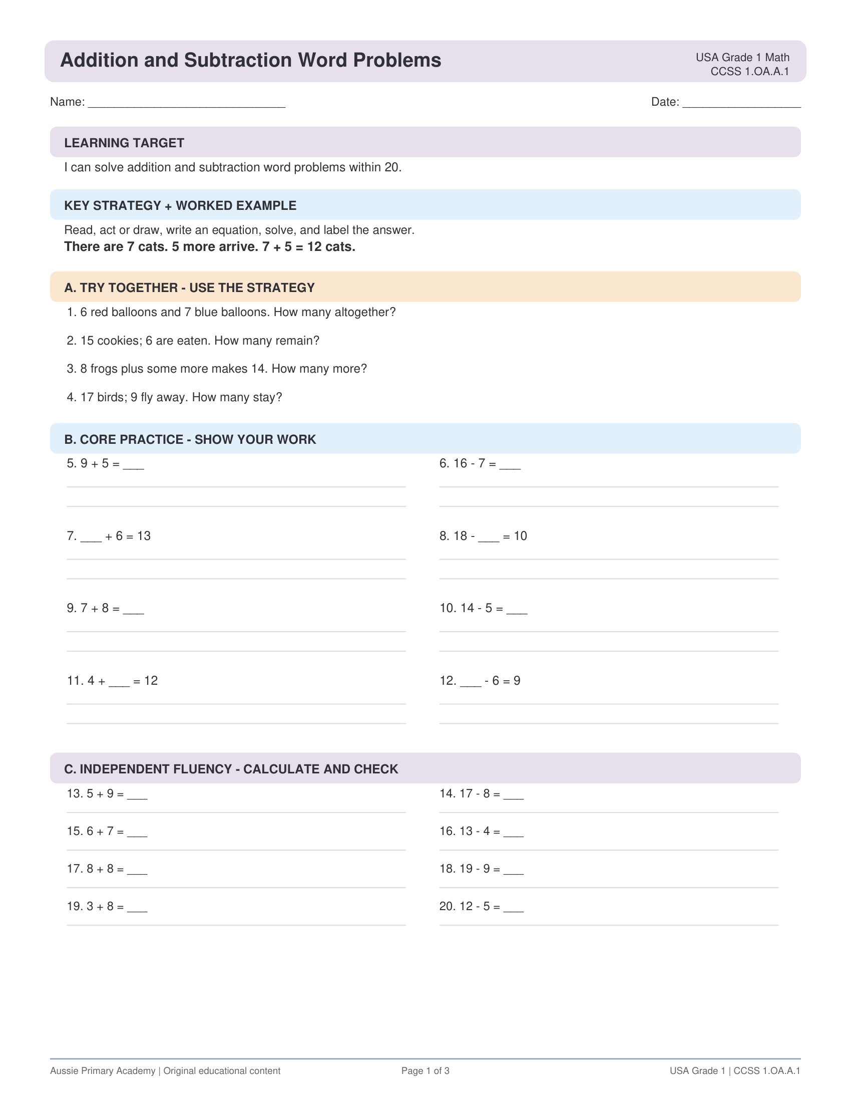 Grade 1 Addition and Subtraction Word Problems Within 20 preview