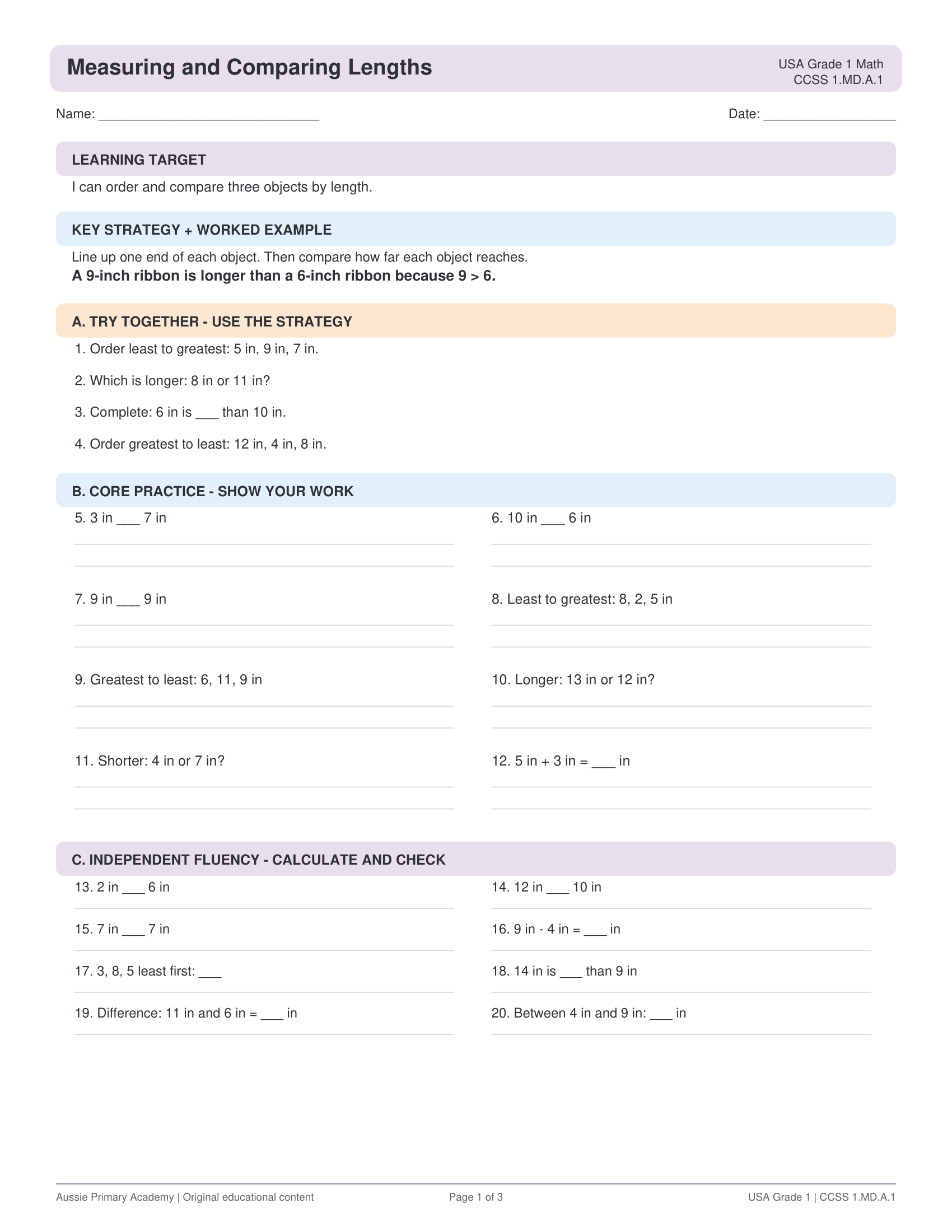 Measuring Comparing Lengths worksheet preview