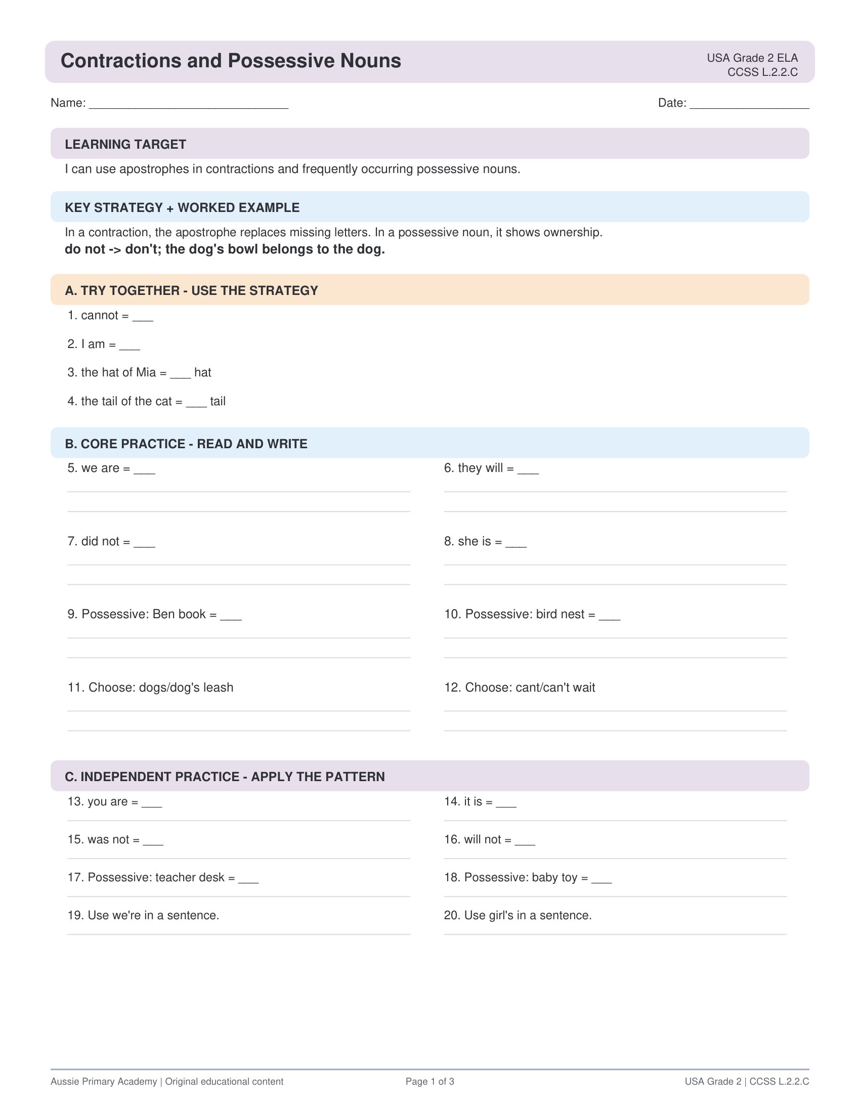 Contractions Possessive Nouns Apostrophes worksheet preview