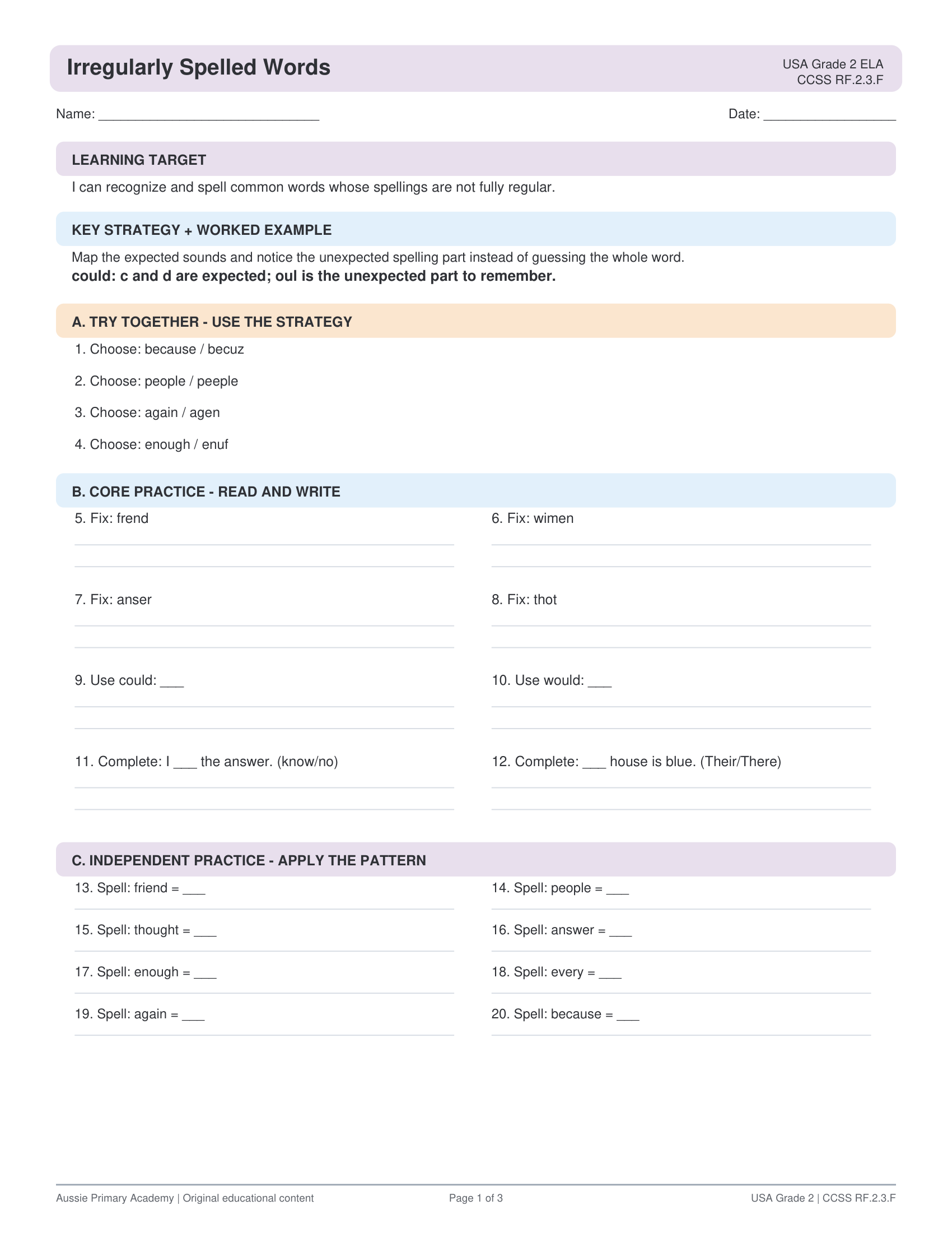 Irregular High Frequency Words worksheet preview