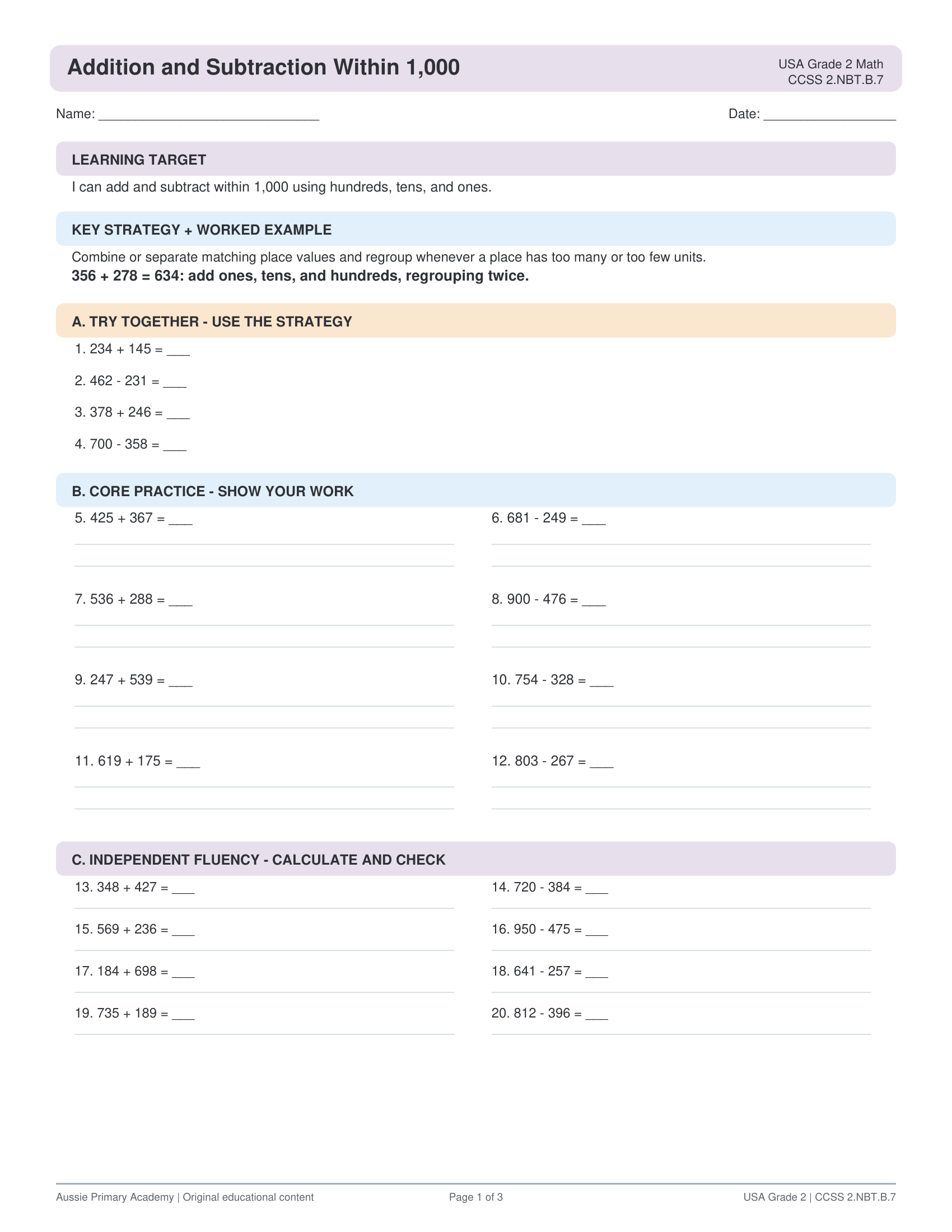 Grade 2 Addition and Subtraction Within 1000 preview
