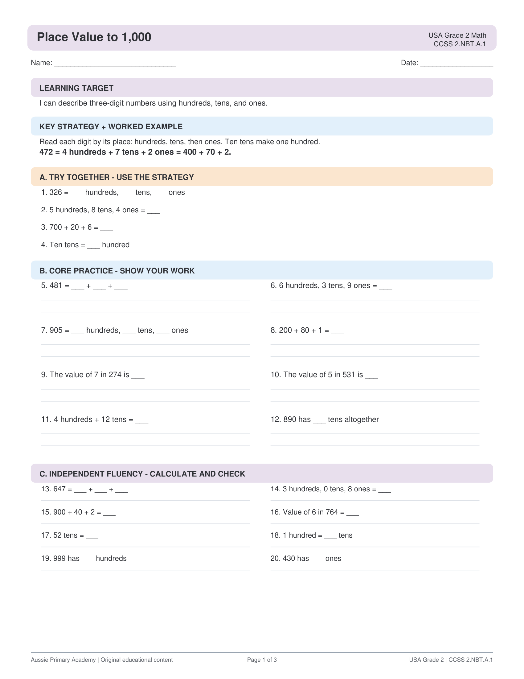 Place Value Hundreds Tens Ones worksheet preview