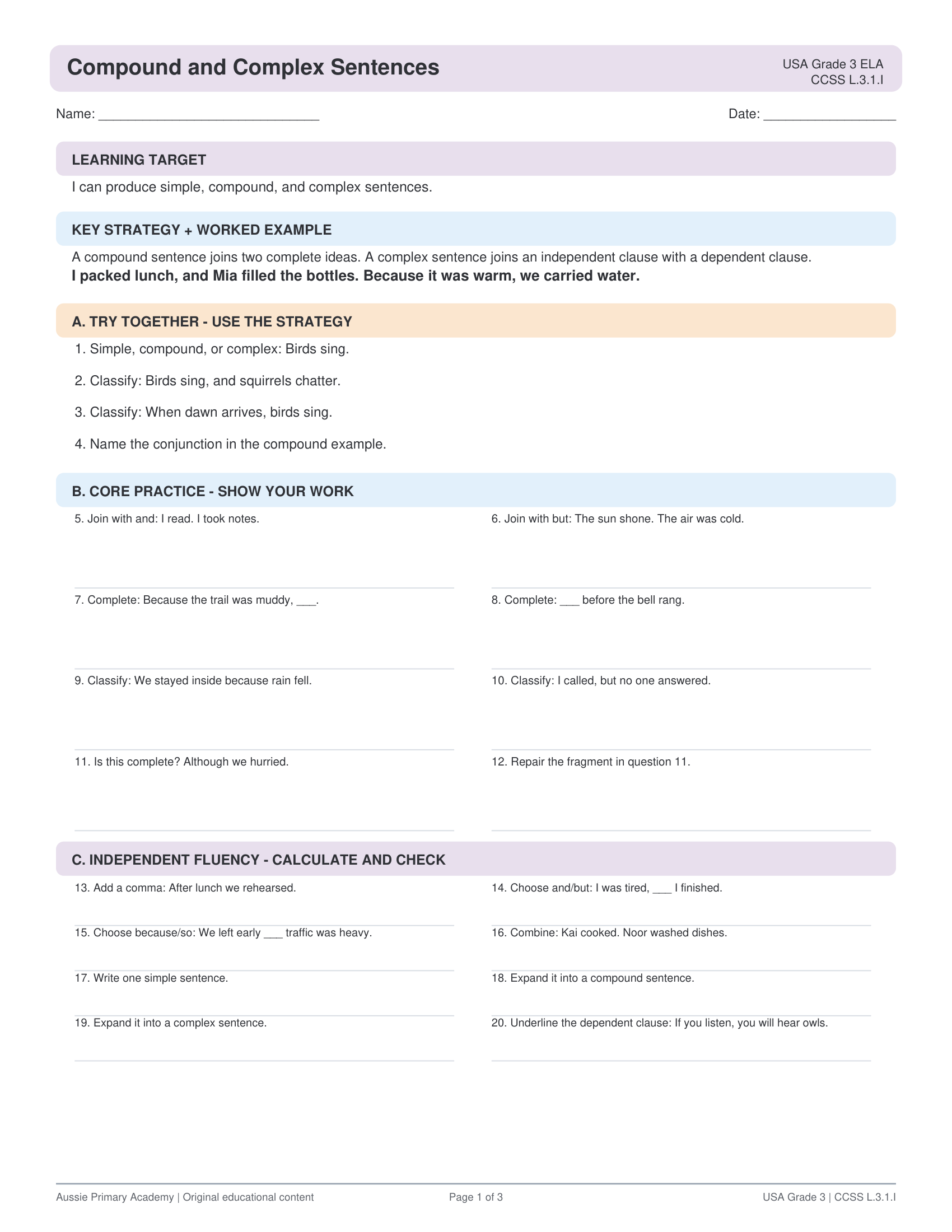 Compound Complex Sentences worksheet preview