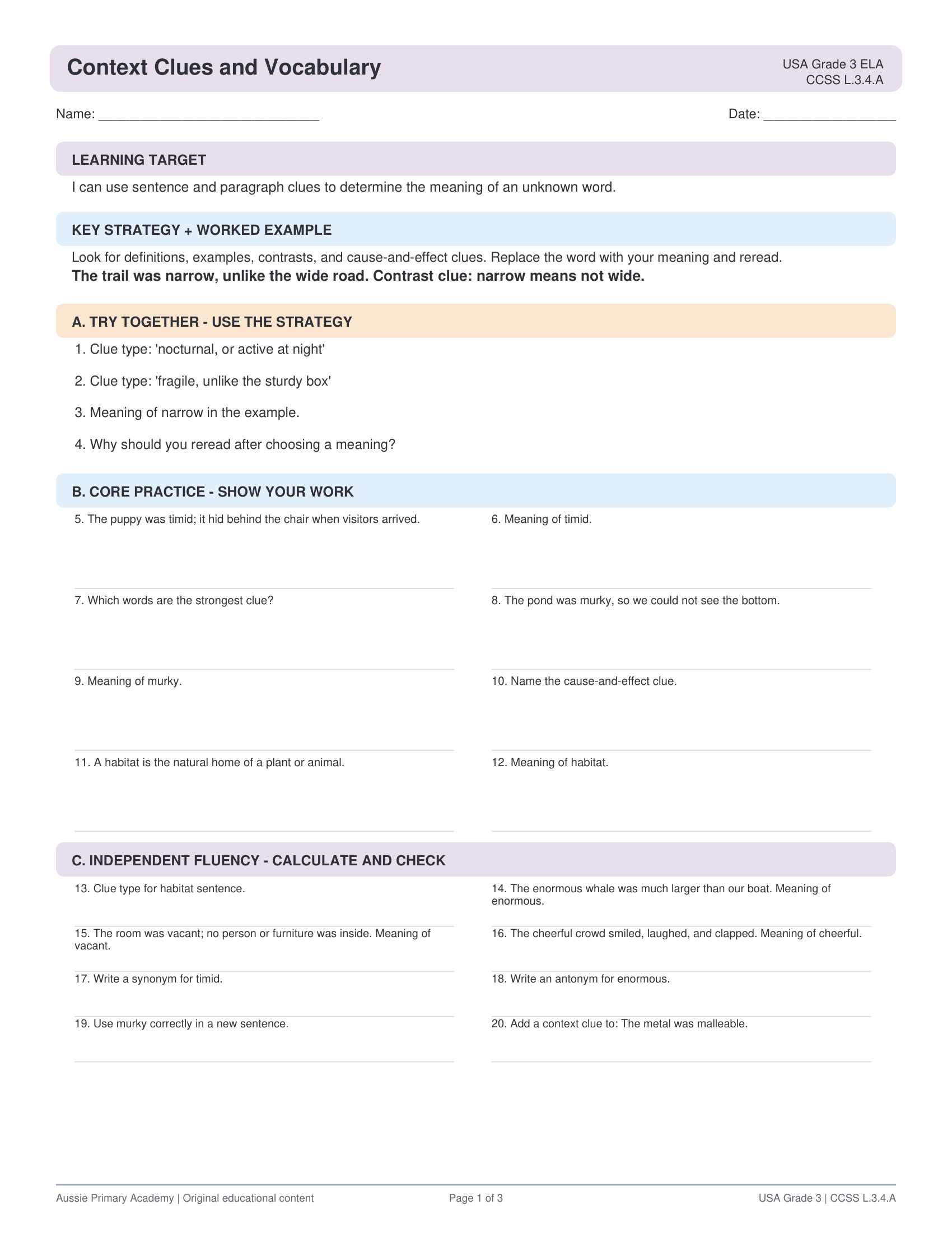 Context Clues Vocabulary worksheet preview