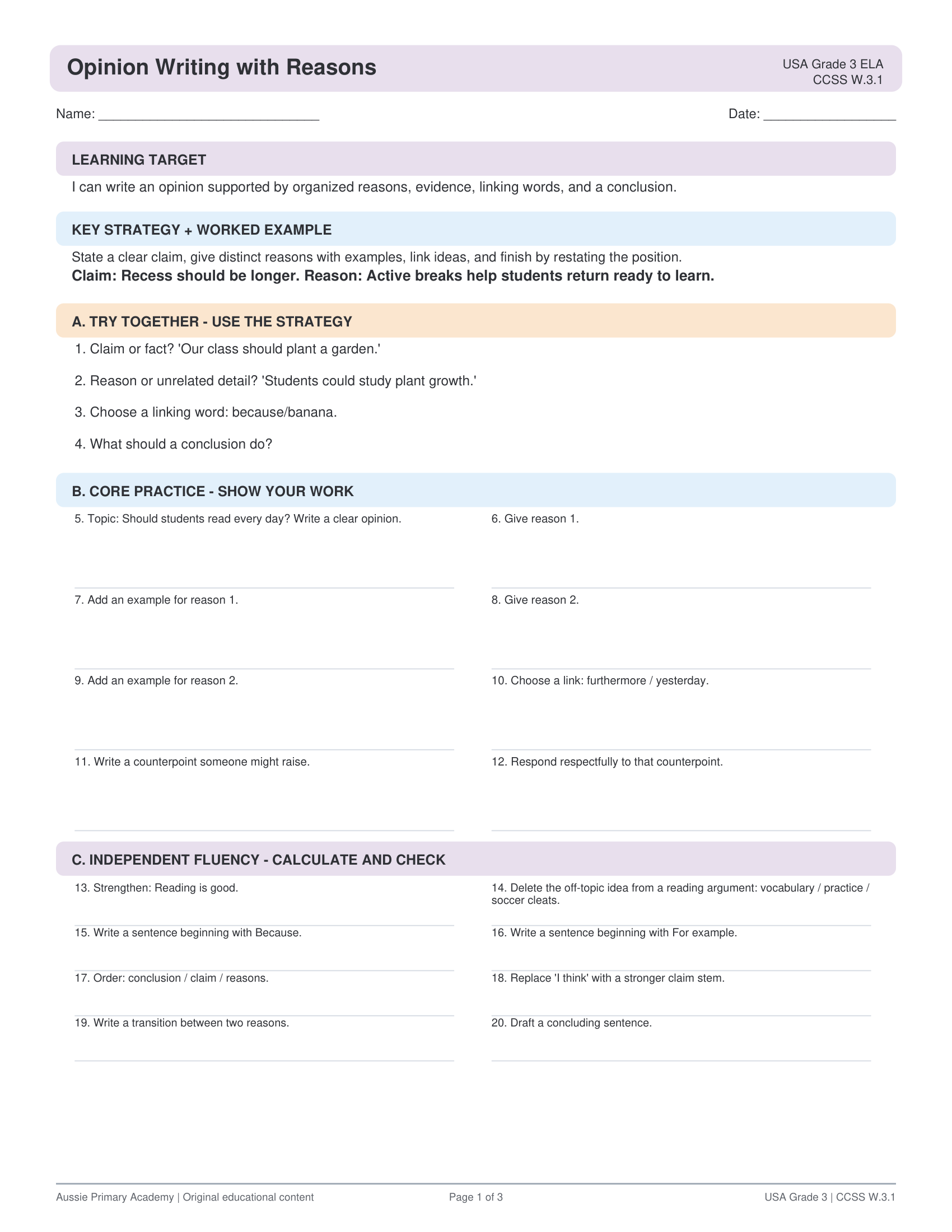 Opinion Writing Reasons Linking Words worksheet preview