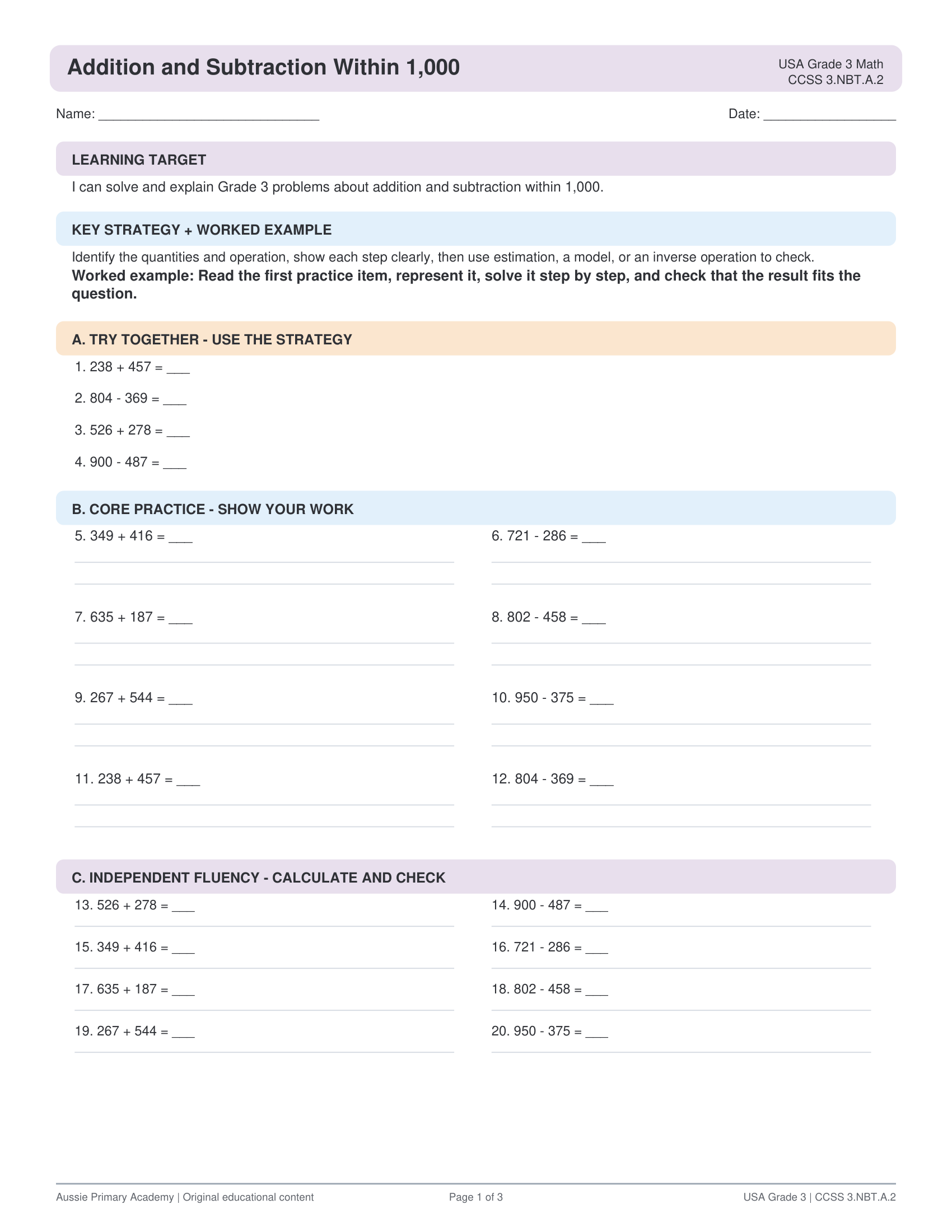 Grade 3 Math Addition & Subtraction within 1000 worksheet preview