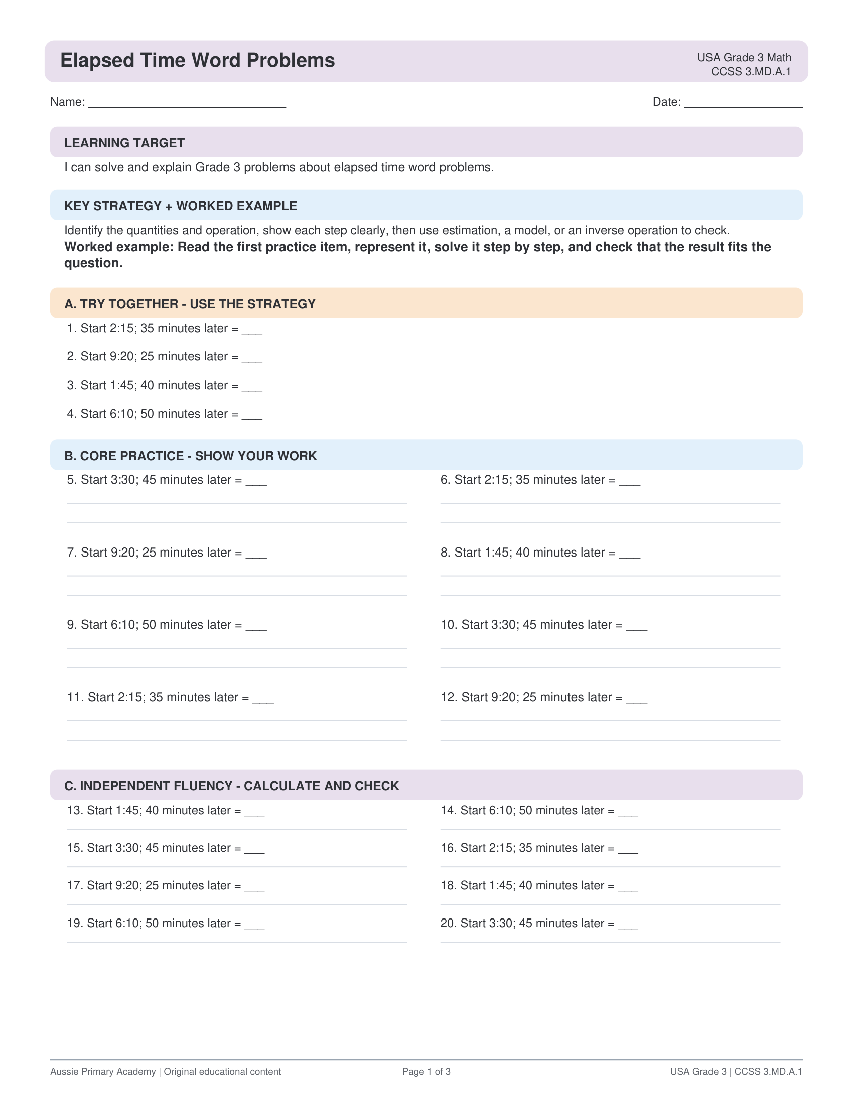 Grade 3 Math Elapsed Time Word Problems worksheet preview