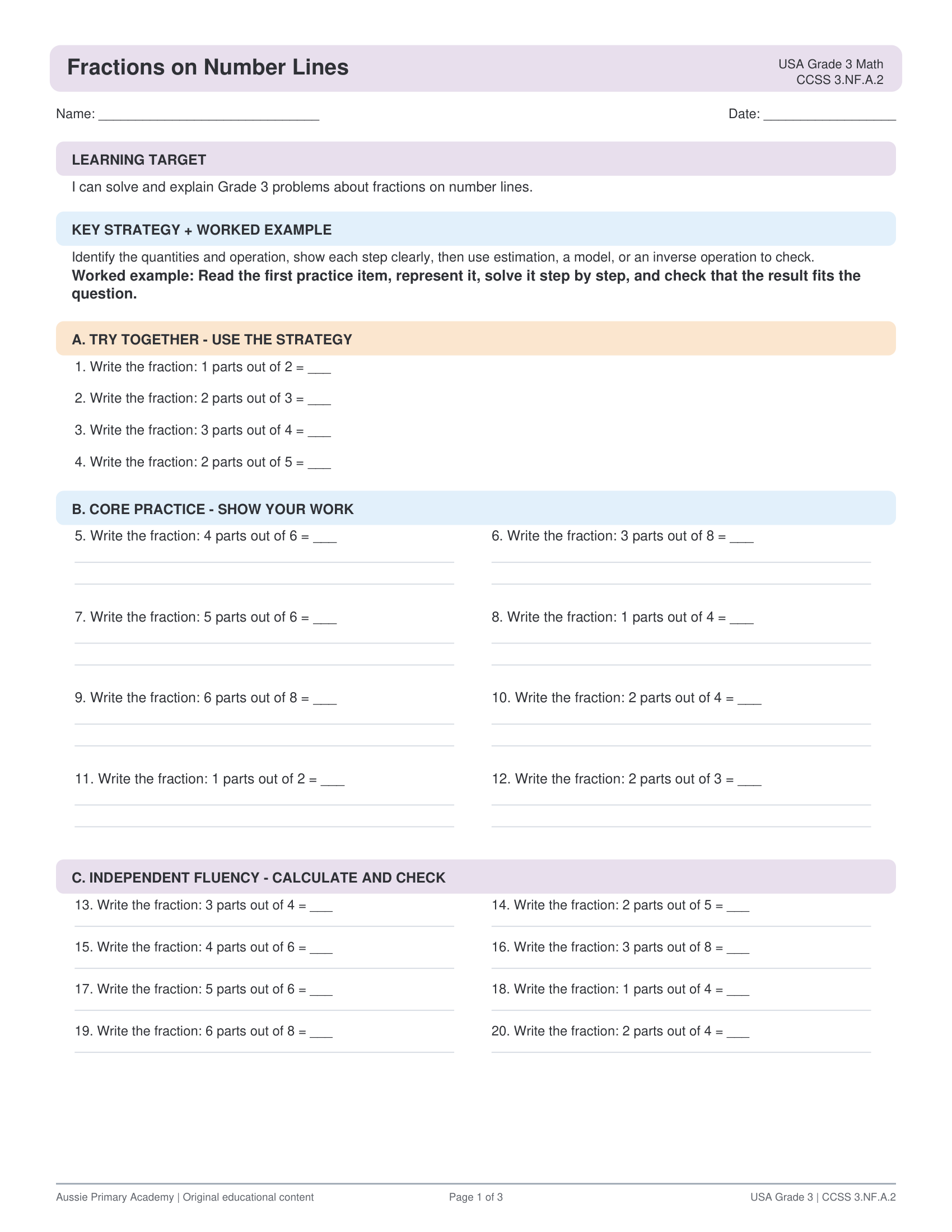 Fractions Number Lines Equivalence worksheet preview