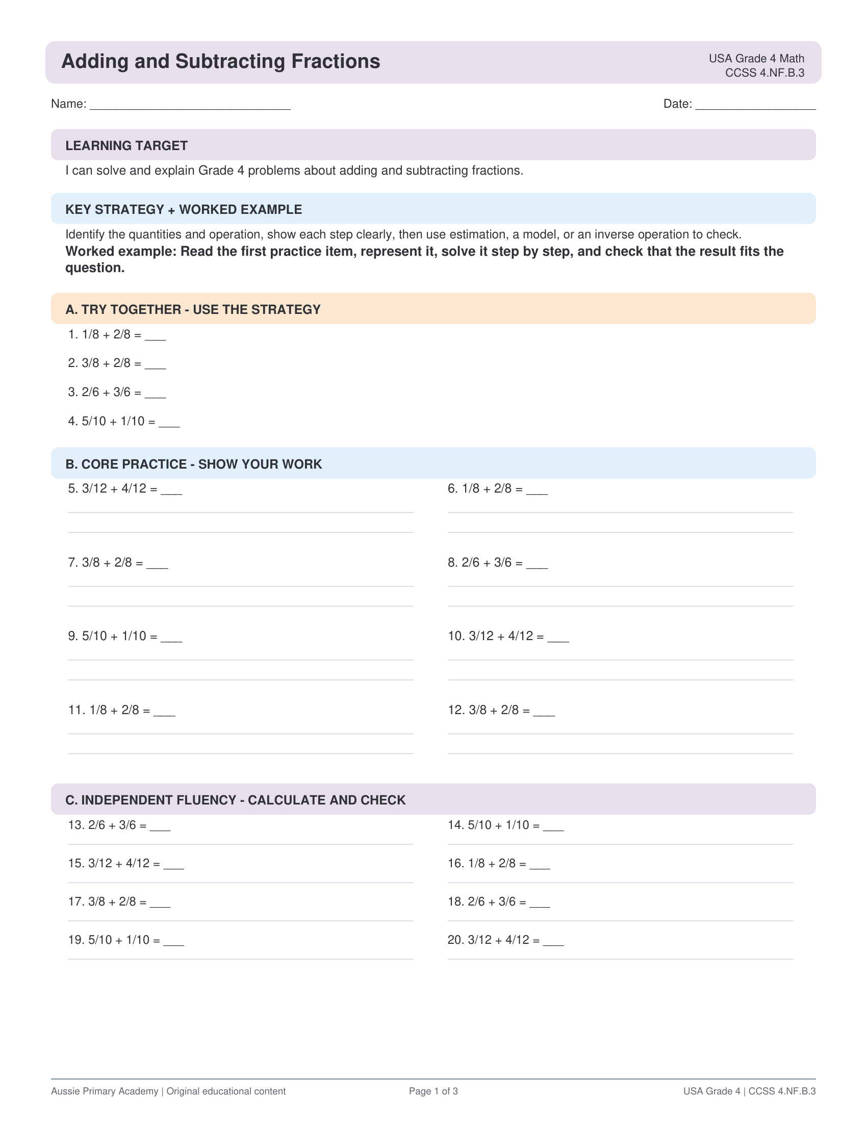Grade 4 Adding & Subtracting Fractions with Like Denominators preview