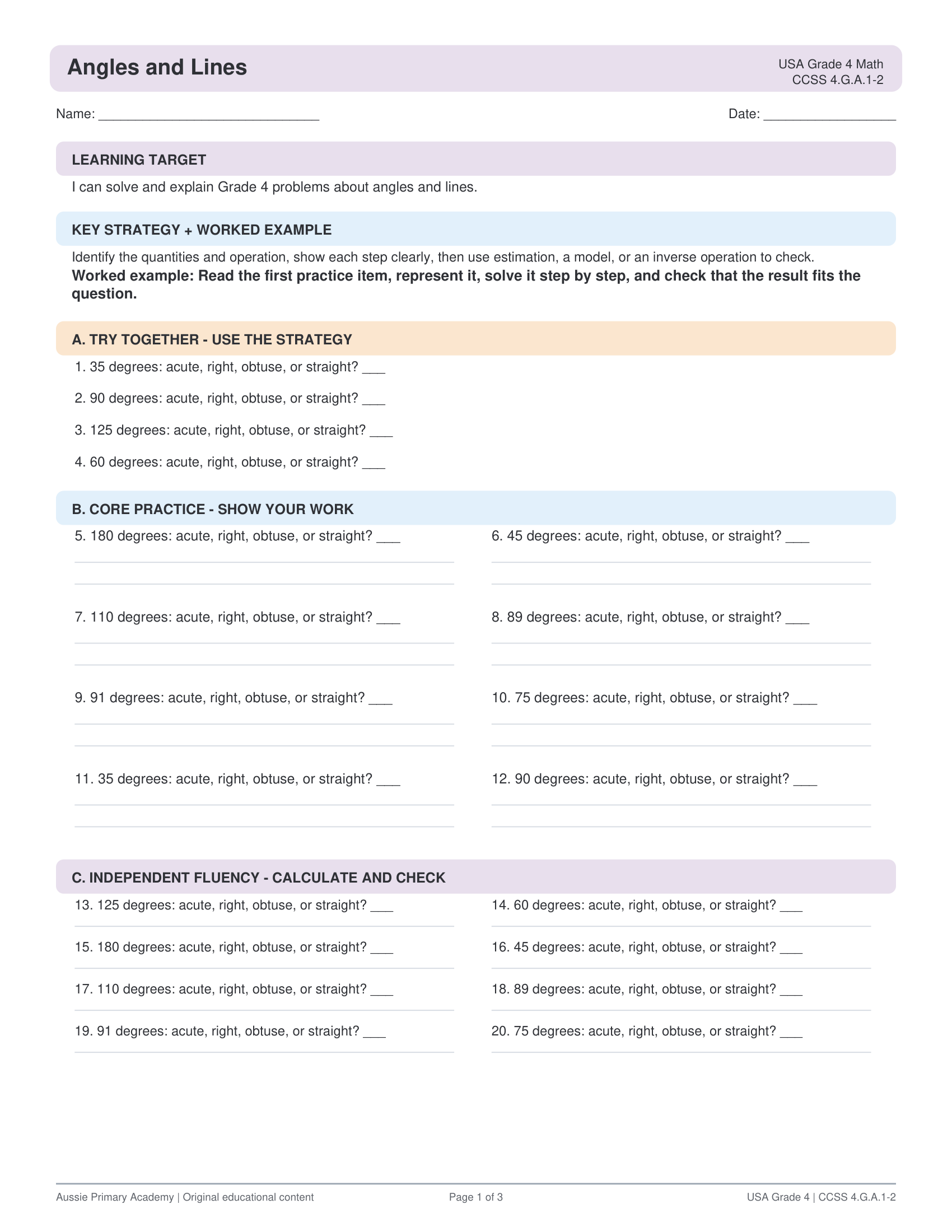 Angles Lines Geometry worksheet preview