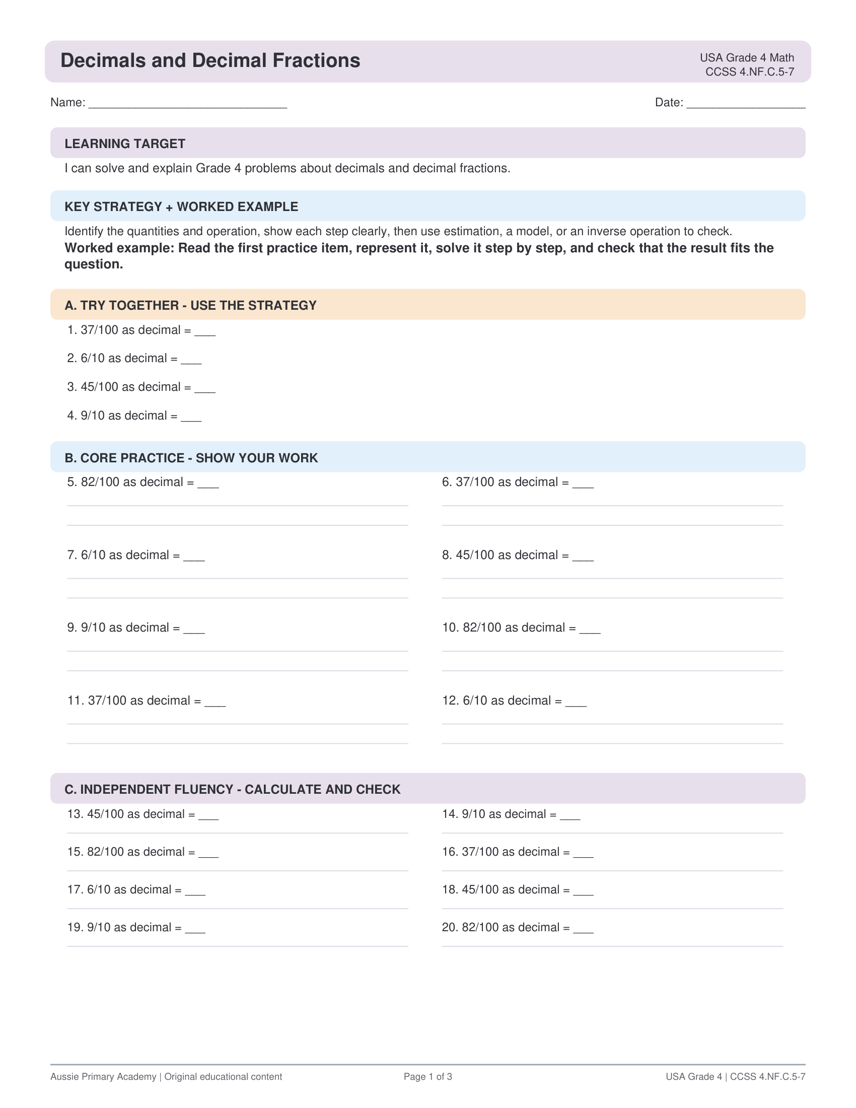 Grade 4 Decimals preview