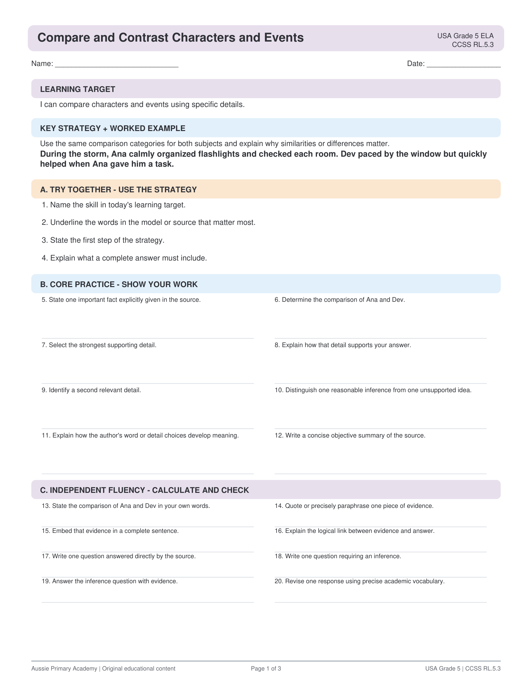 Compare Contrast Characters Events worksheet preview